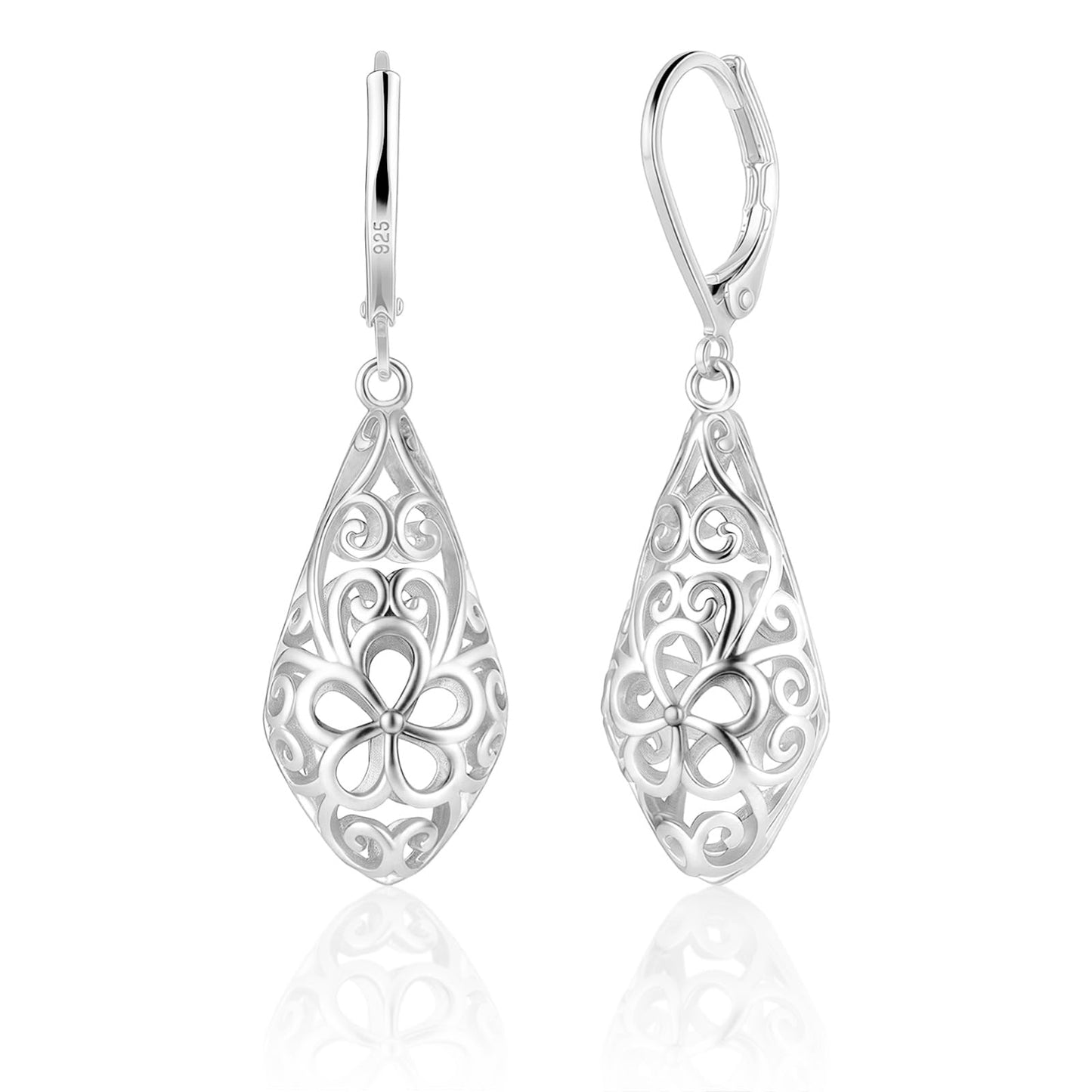 Rhombic 925 Sterling Silver Dangle Earrings for Women Hypoallergenic Filigree Leverback Drop Earrings Jewelry Gifts