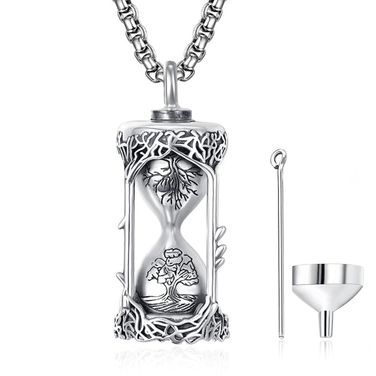 ADMETUS Tree of Life Hourglass Urn Necklaces for Ashes Silver Cremation Jewelry for Ashes for Men Ash Keepsake Pendant Memorial Gifts