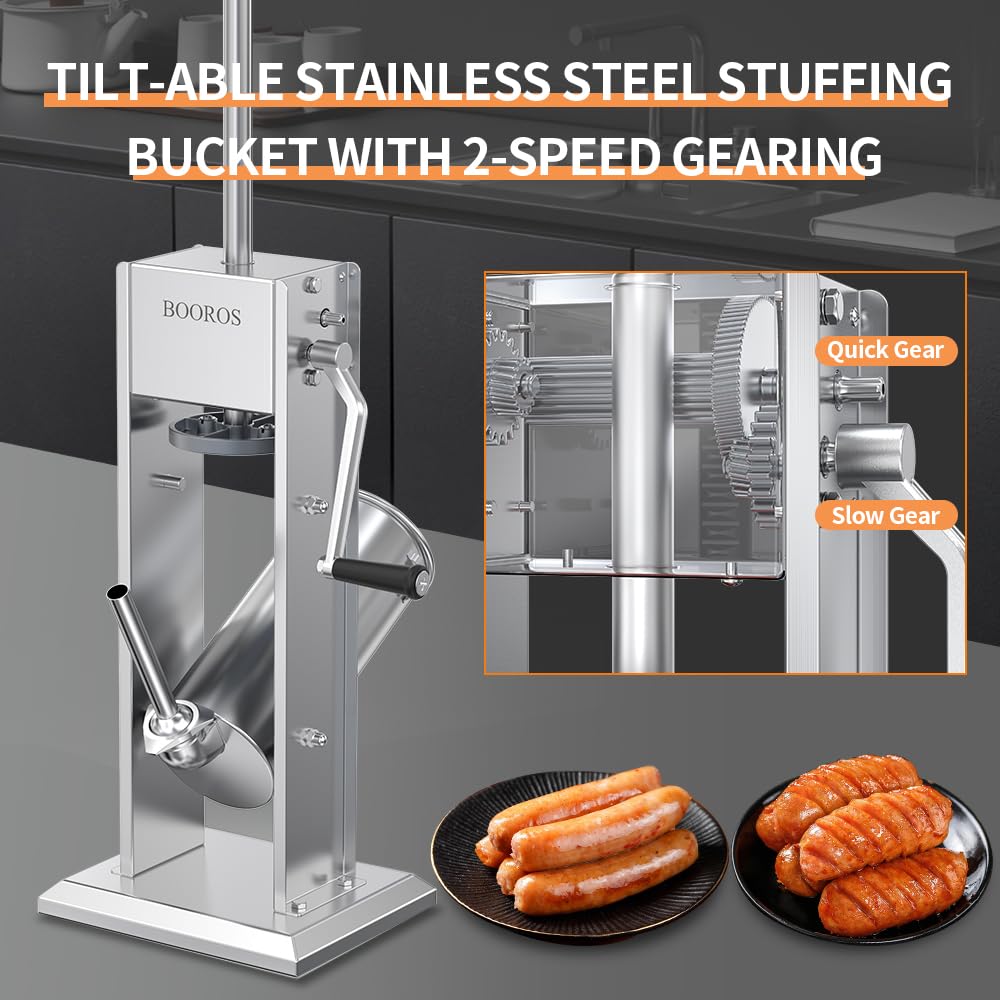 BOOROS Manual Sausage Stuffer 5L/11Lbs Vertical Meat Stuffer 304 Stainless Steel Sausage Maker,Dual Speed, Hand Crank Operation,Easy-clean,Comes Equipped with 4 Stuffing Tubes for Kitchen Restaurant