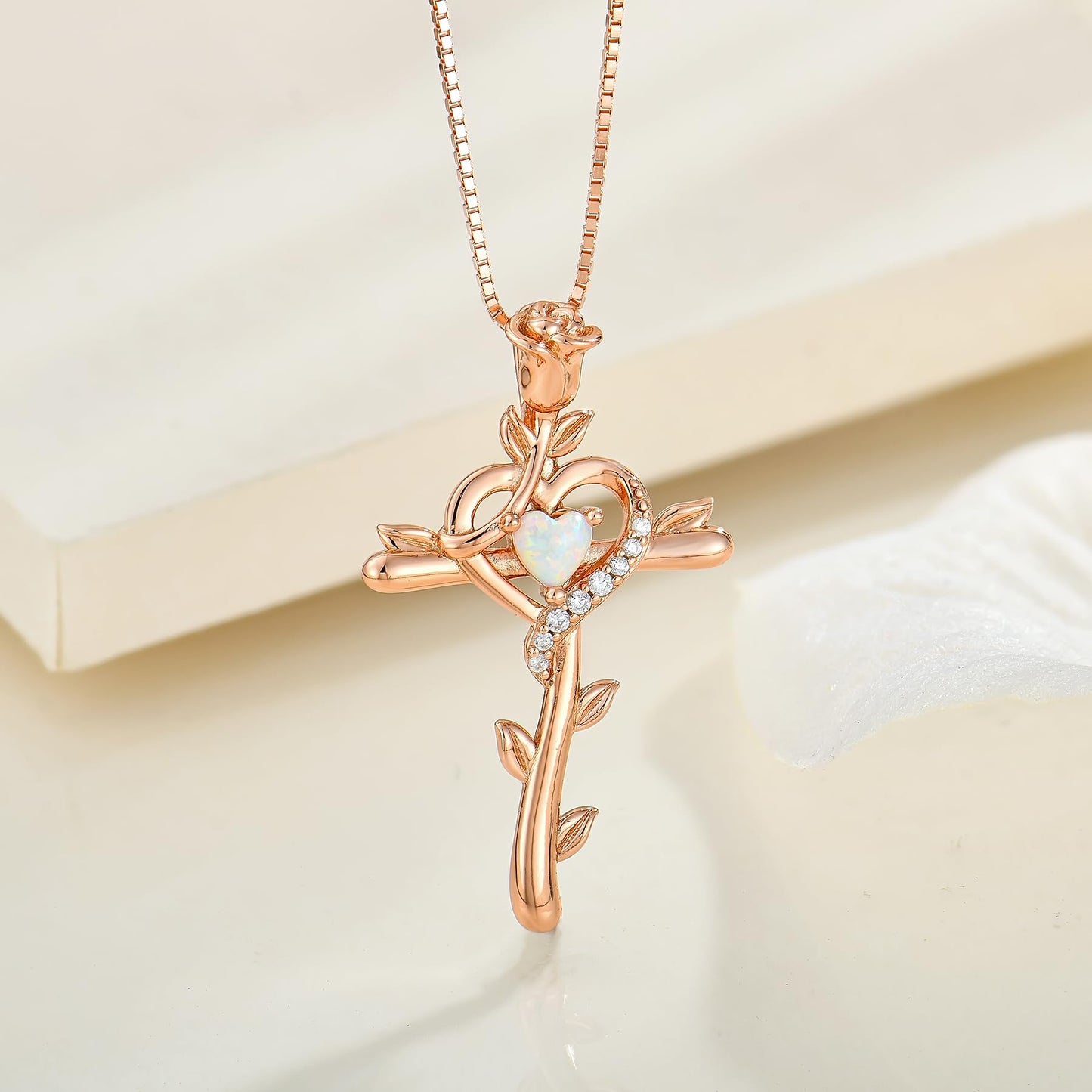STARCHENIE Rose Cross Necklace, 925 Sterling Silver 14K Rose Gold Plated, Created Opal Heart Pendant, Crucifix Jewelry Gift for Women