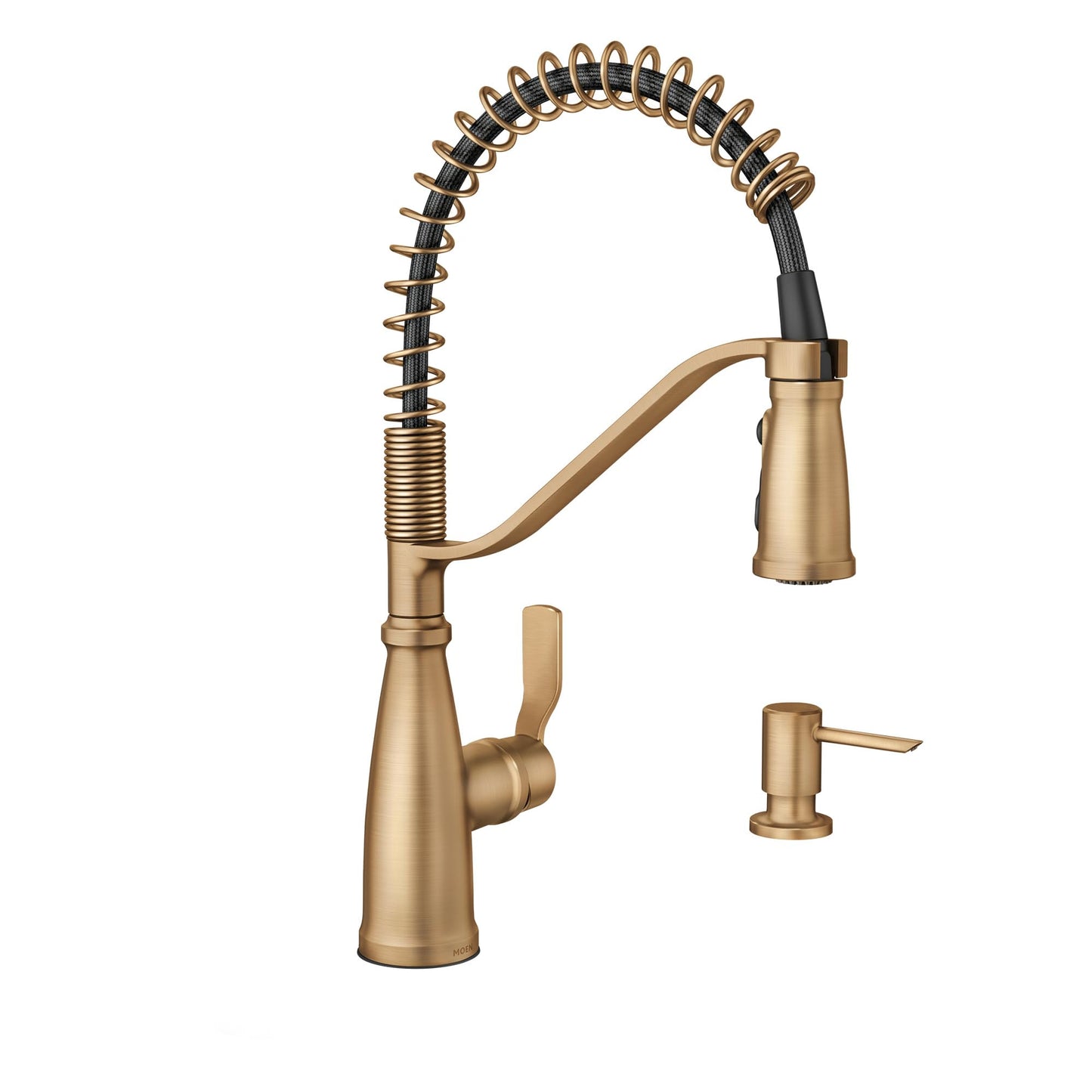 Moen Nolia Bronzed Gold One-Handle Single Hole Spring Kitchen Faucet with Pull Down Sprayer and Soap Dispenser, 87886BZG