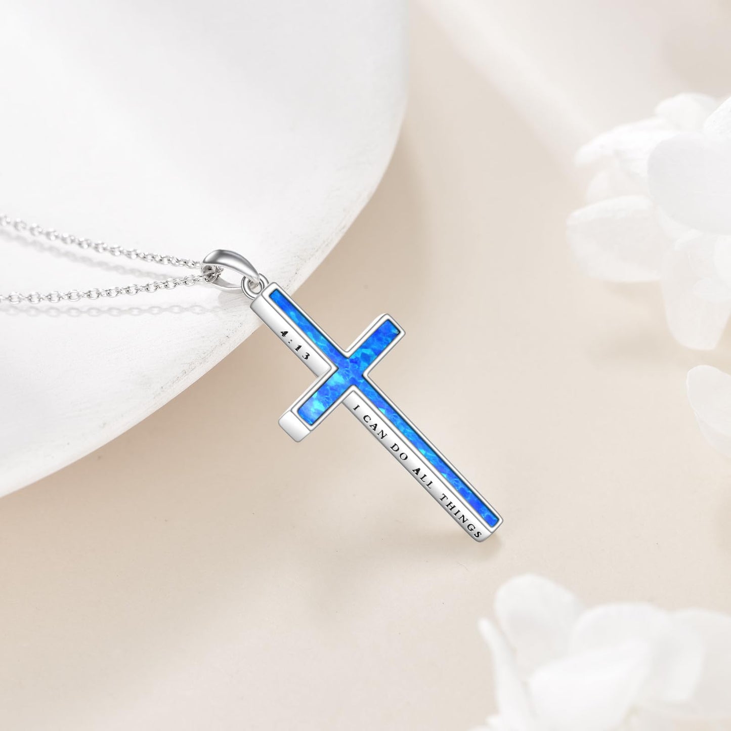 YFN I Can Do All Things Cross Necklace Sterling Silver Blue Opal Cross Pendant Thin Cross Jewelry Gifts for Women Men