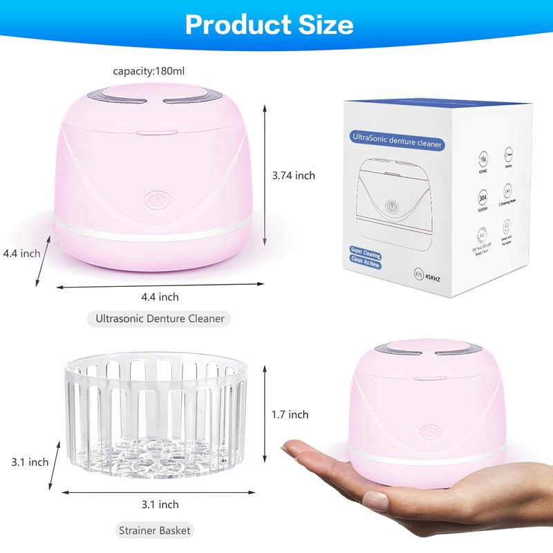 Ultrasonic denture cleaner for dentures, mouth guards, toothbrush heads, jewelry - 45 kHz Ultrasonic Retainer Cleaner (Pink)