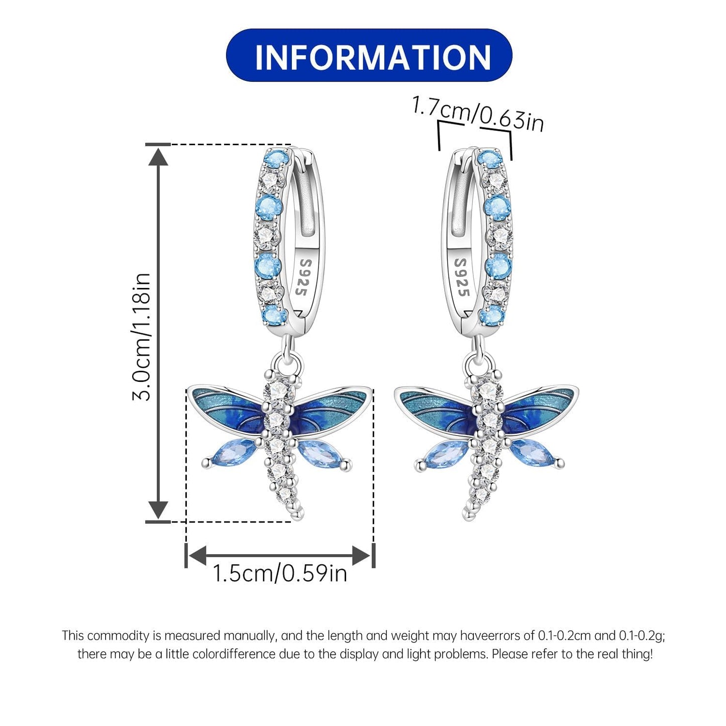 vireau 925 Sterling Silver Drop Earrings Dragonfly Flower Moon Star Dangle Earrings Hypoallergenic Sterling Silver Earrings Jewelry for Women (Blue Dragonfly)