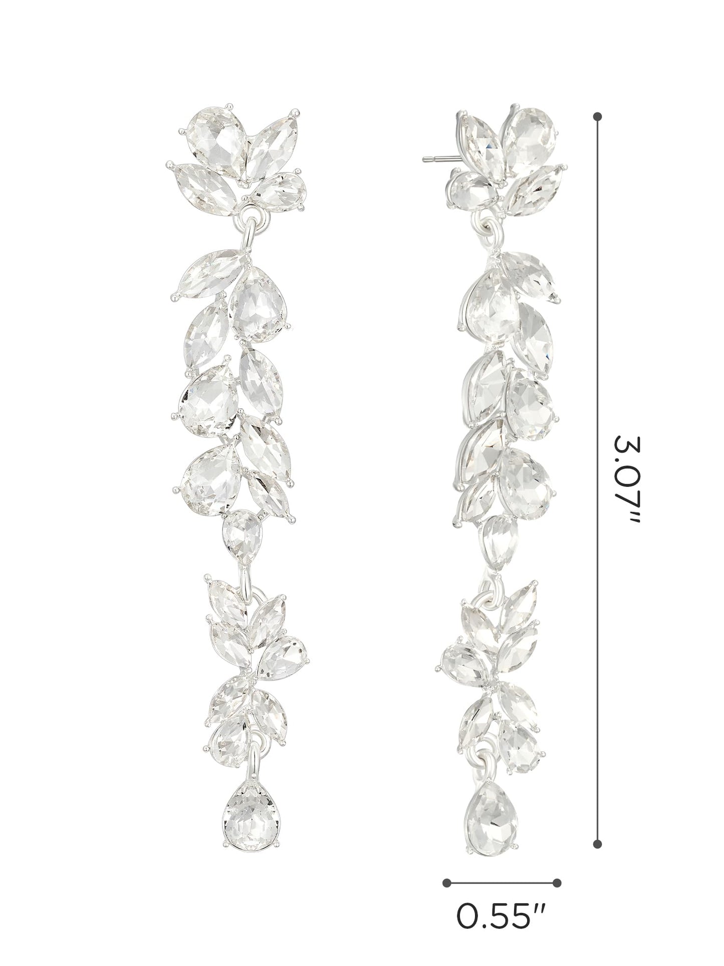 SWEETV Long Rhinestone Dangle Earrings for Women, Wedding Bridal Earrings for Brides, Crystal Chandelier Drop Earrings for Prom or Pageant, Silver