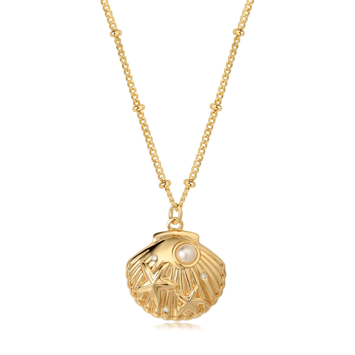 MEVECCO Dainty Gold Sea Shell Pendent Necklace for Women 18K Gold Plated Shell Pearl Necklace Boho Beach Handmade Ocean Jewelry for Holiday
