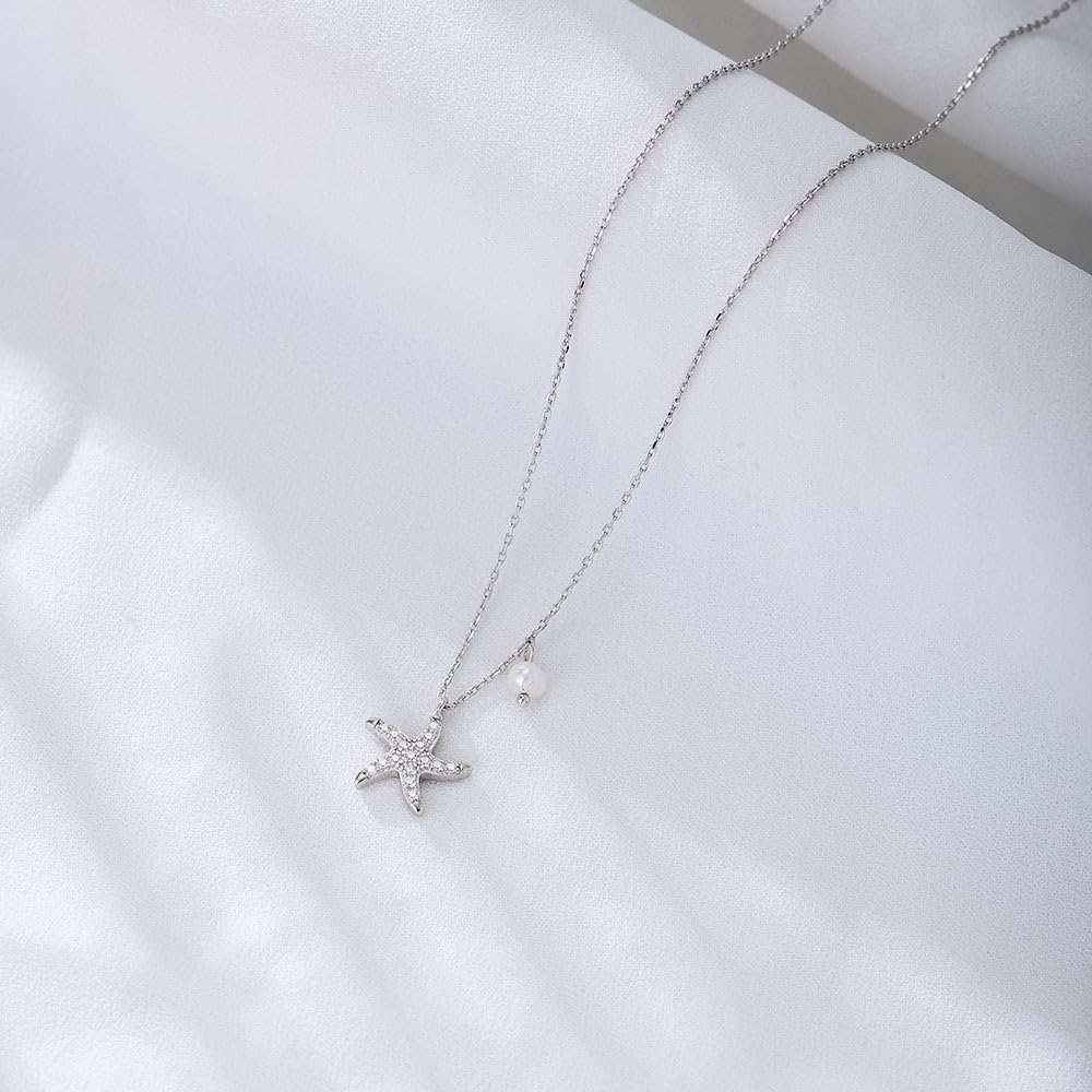S925 Sterling Silver Starfish Necklace with Fresh Water Pearl, Sparkling Pave Zirconia Sea Star Pendant, Dainty 14K Gold Plated Asymmetric Choker, Ocean Beach Inspired Jewelry Gift for Women (sliver)