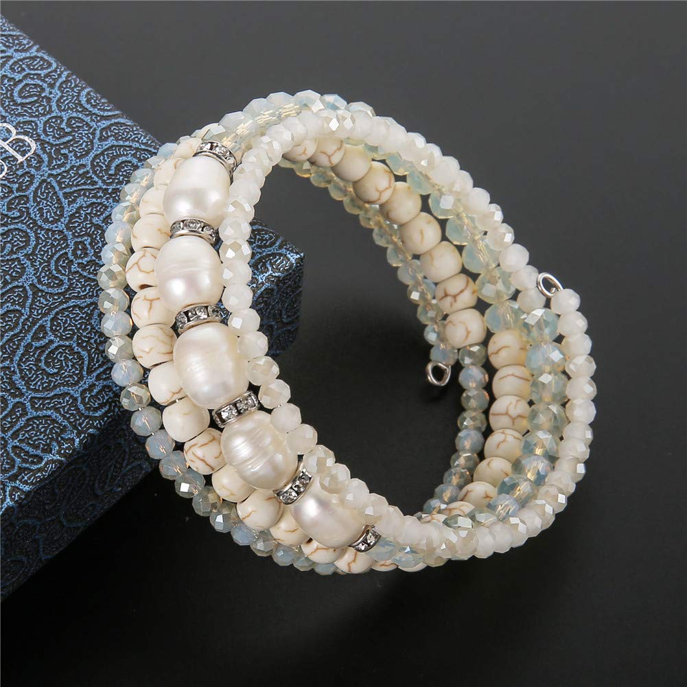 Beaded Freshwater Pearl Chakra Bracelet - Multi Strand Wrap Bracelet with Natural Crystal Agate Beads, Birthday Gifts for Women(29-White)