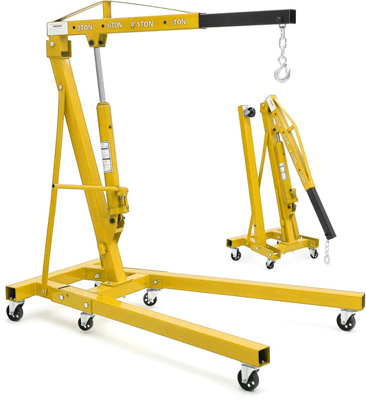 2 T Engine Hoist, 4000 LBS Heavy Duty Folding Cherry Picker Engine Lift Hydraulic Tilting Engine Shop Crane with 6 Iron Caster Wheels Telescopic Boom Hitch,Yellow