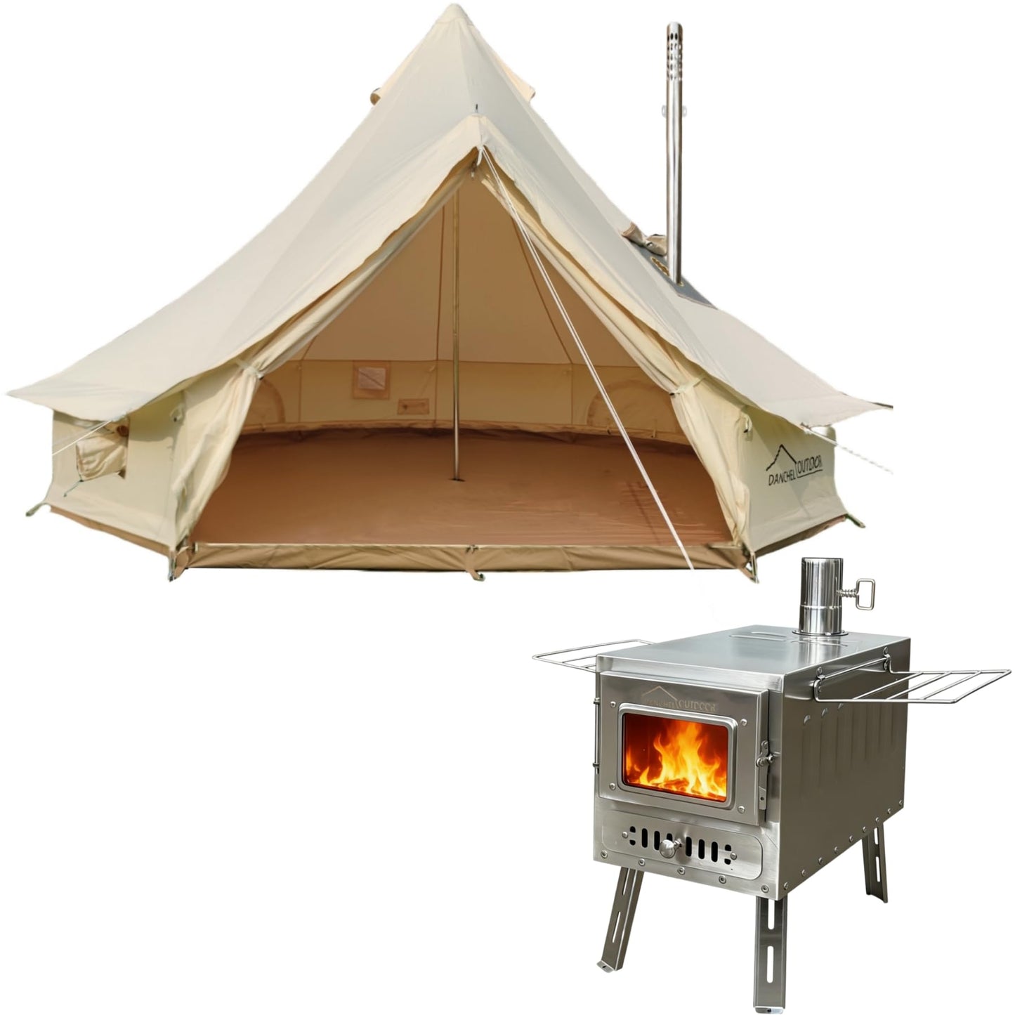 DANCHEL OUTDOOR 4 Season Canvas Yurt Tent with Large Wood Stove, Heavy Duty Bell Tent with Stove Jack 4 Person Winter Camping Glamping, 13ft/4m