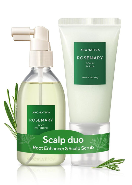 AROMATICA Rosemary Root Enhancer And Scalp Scrub Korean Hair Care Set - Rosemary Water Spray and Scalp Exfoliator for Dry Scalp Treatment, Rosemary Oil Scalp Care, Exfoliante de romero