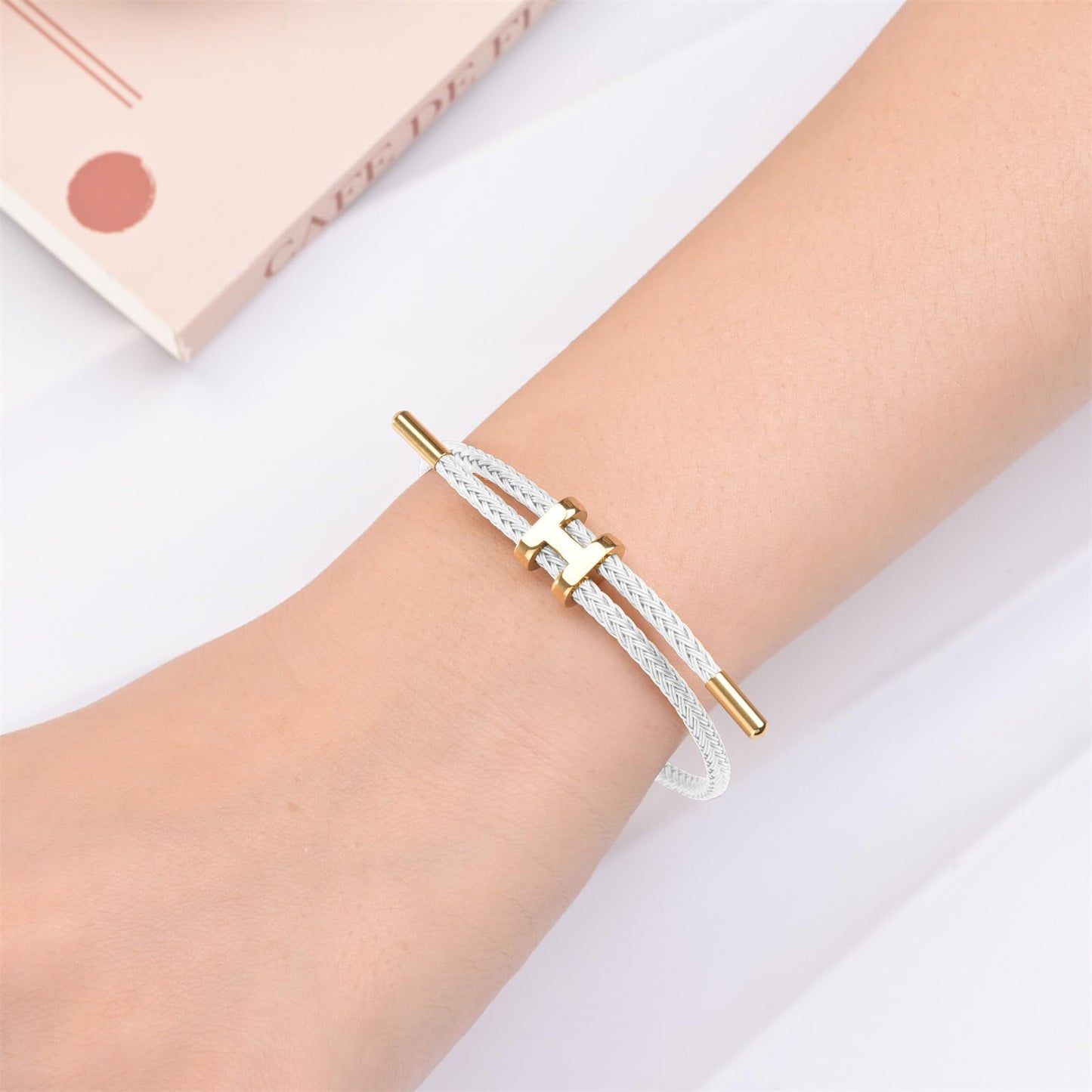 Hothink H Bracelets for Women,H Bangle and H Wire Rope Bracelet Set,Dainty 18K Gold Plated Bracelets Set for Christmas Mothers Day Gifts for Women (Gold-White)