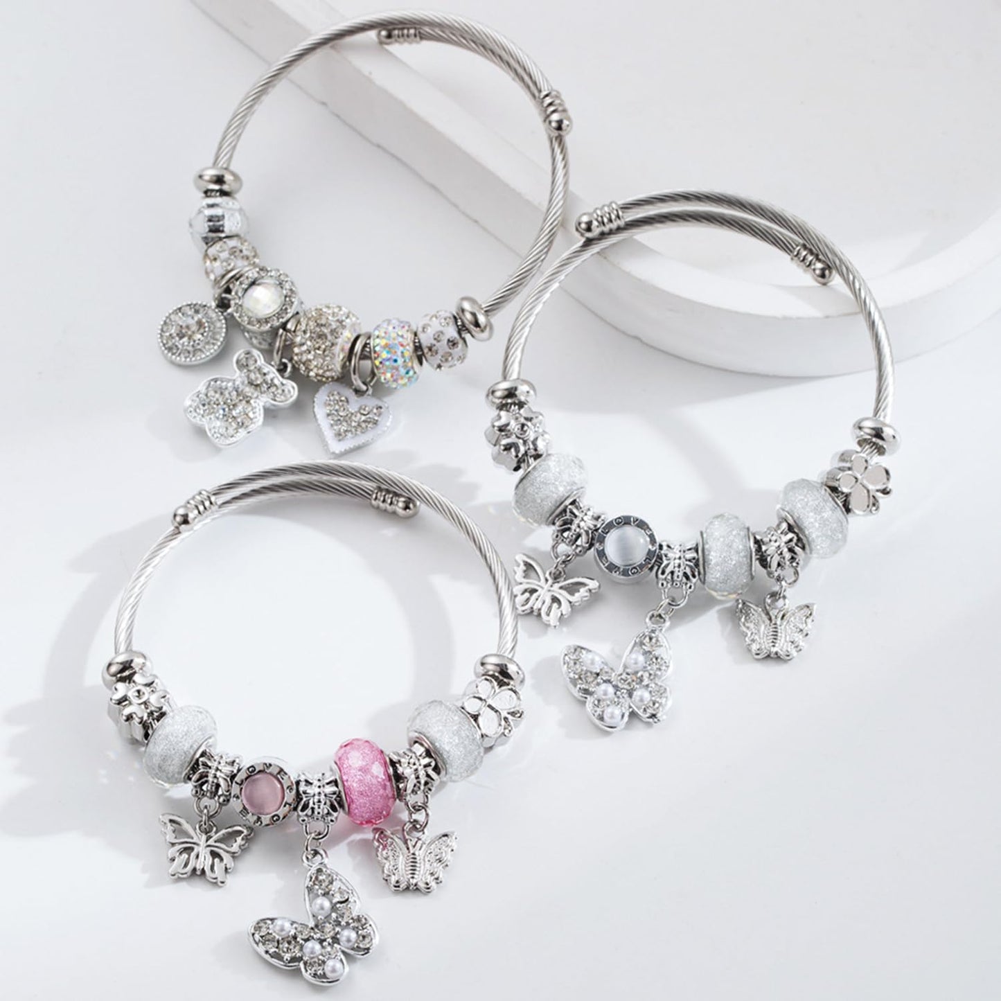 QMWKVNC Charm Bracelets for Girls,Exquisite Cute Cartoon Friendship Silver Bracelets Stainless Steel Bangle, Girls Jewelry Suitable for Holiday Gifts and Birthday Gifts (Bracelets-D)