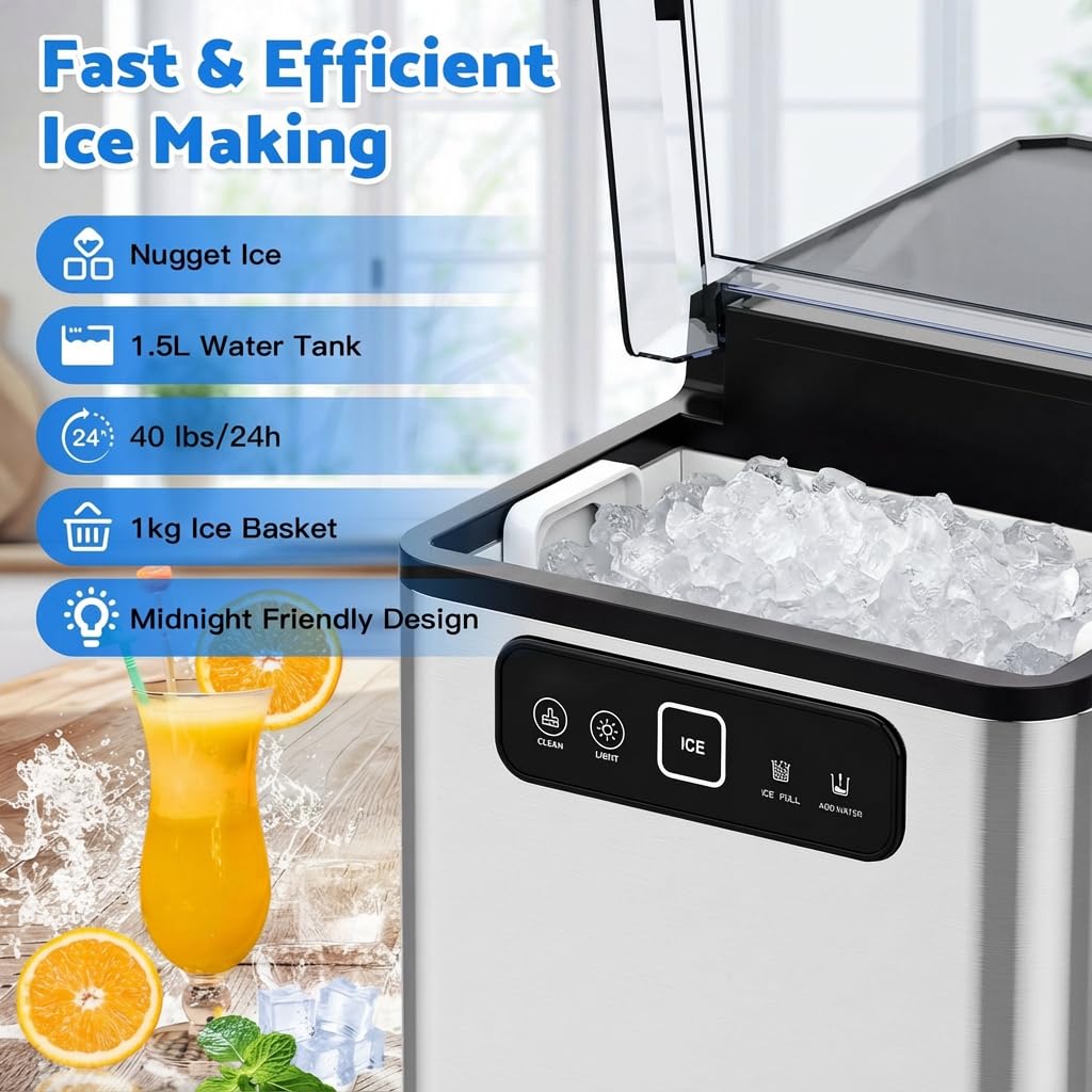 MOMOKOVA Nugget Ice Maker Countertop,Pellet Ice Machine Chewable Ice 40Lbs/Day,Ready in 5 Mins, Self-Cleaning,Compact Crushed Ice Maker with Scoop for Home/Kitchen/Office, Stainless Steel