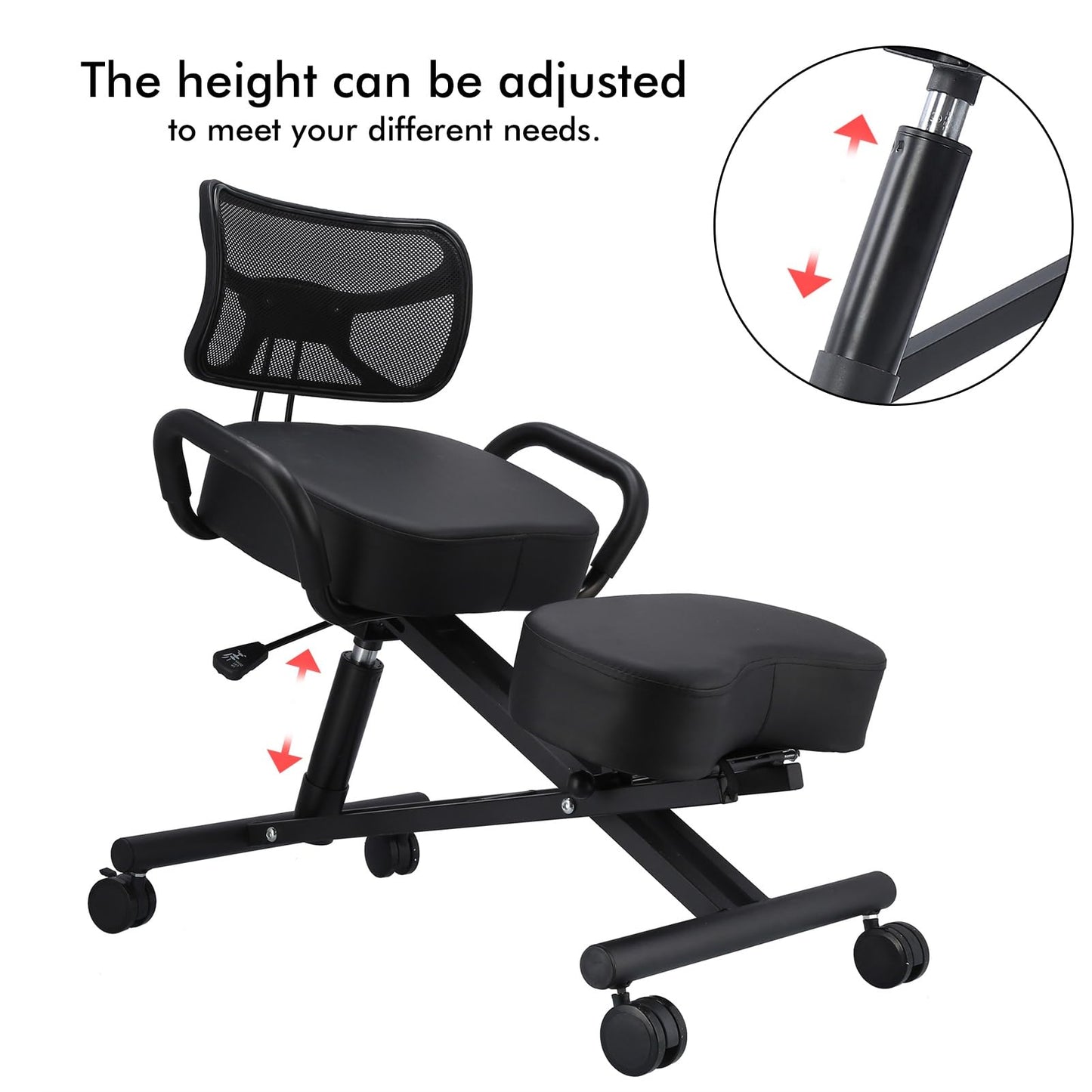 Ergonomic Height Adjustable Breathable Kneeling Chair Back Support Kneeling Chair with Leather Cushion Comfortable Mesh Backrest, Spine Alignment Support