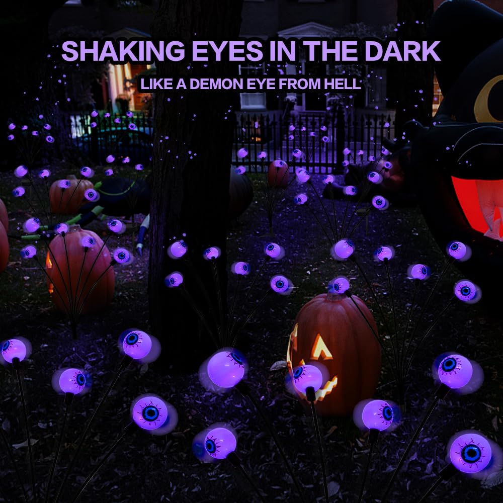 2PACK Scary Eyeballs Solar Garden Light Halloween Decorations Outdoor,Swaying Firefly with 12LED Purple Spooky Eyes Lights-Waterproof Ornaments Solar Halloween Lights for Lawn, Patio, Party Decor