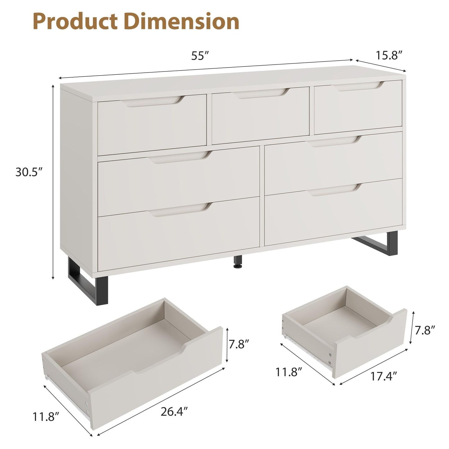GarveeHome 7 Dresser for Bedroom, 55" Wide Dresser, Freestanding Horizontal Drawer with Storage, Wooden Closet Chest Storage for Living Room, Hallway, Entryway, White