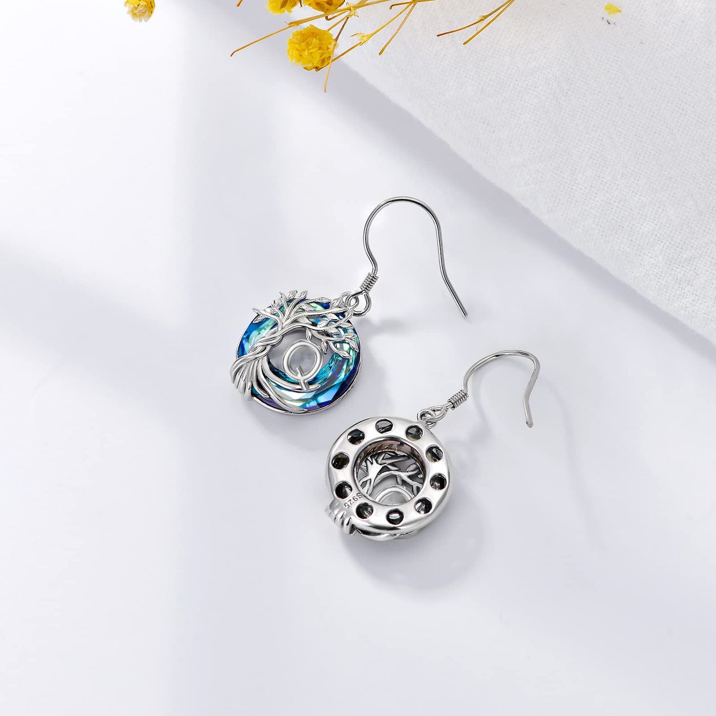 TOUPOP Tree of Life Initial Earrings Sterling Silver Initial Q Letter Drop Dangle Earrings Blue Circle Crystal Family Tree Jewelry Birthday Mothers Day Gifts for Women Mom Her