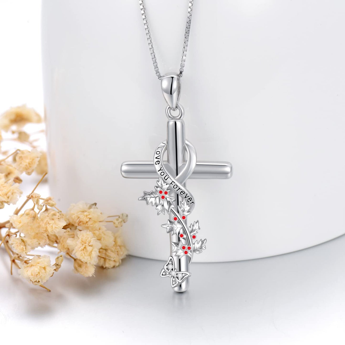 Flpruy December Birth Flower Necklace 925 Sterling Silver Holly Floral Pendant Cross Necklace Birthday Jewelry Gifts for Women Her Mom