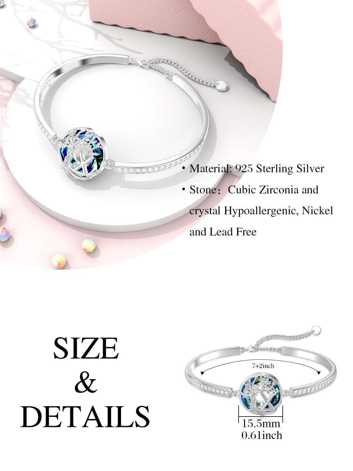 TOUPOP Tree of Life Bracelet Sterling Silver Initial X Letter Bangle Bracelet Family Tree Blue Crystal Jewelry Mothers Day Birthday Gifts for Women Mom Wife