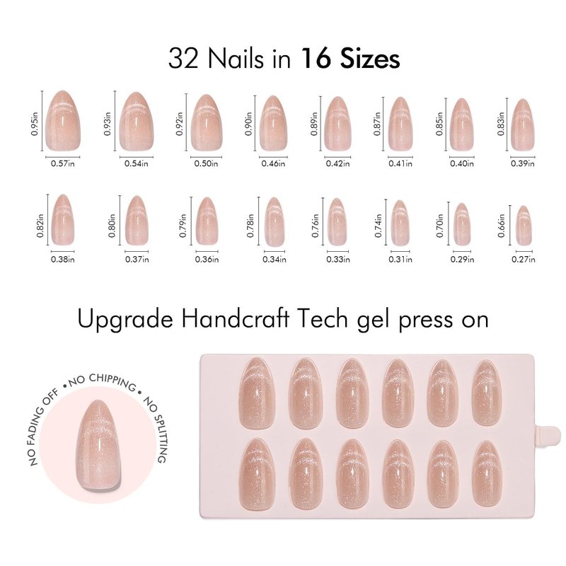 VSALON Almond Medium Press On Nails, Nude Radiant Cat Eye French Tip