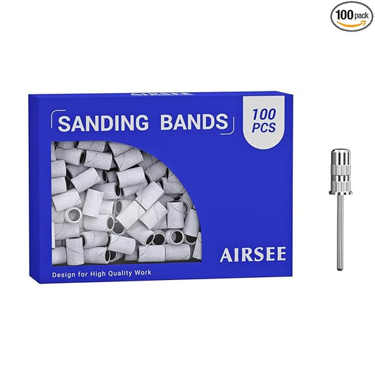 AIRSEE Sanding Bands for Electric Nail Drill 100 Piece Set 180 Grit Medium Acrylic File Attachments Professional 1 Sander Mandrel Bit Beauty Salon Accessories Manicure and Pedicure Finger Callus Zebra