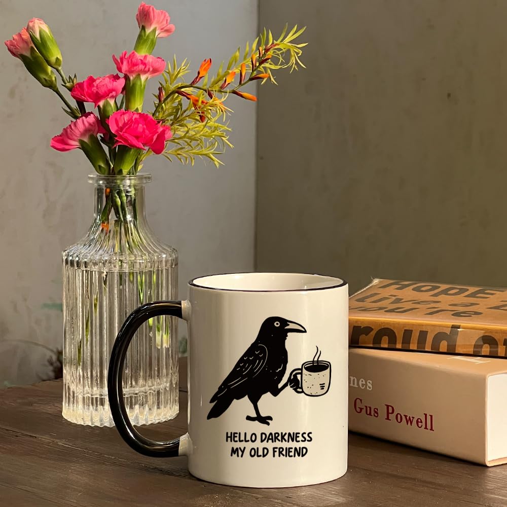 Kadiak Novelty Crow Mug Gift for Bird Lovers and Coffee Lovers 11oz - Hello Darkness My Old Friend, Bird Mug， Funny Raven Crow Coffee Mug Gifts for Women Men