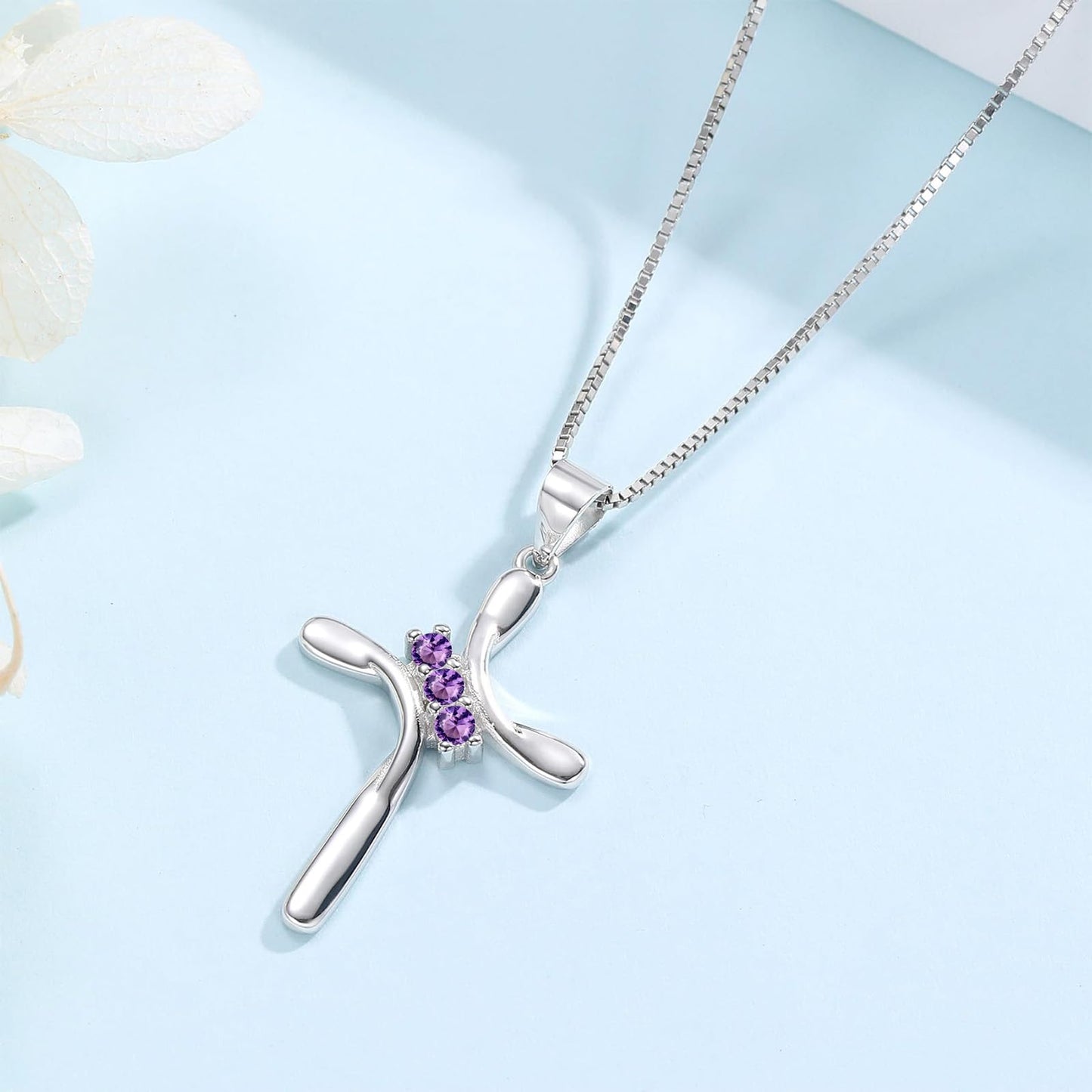 EVERU Amethyst Necklace 925 Sterling Silver,February Birthstone Necklace,Silver Cross Necklaces for Women,Purple Cross Pendant Jewelry Ideal Gift