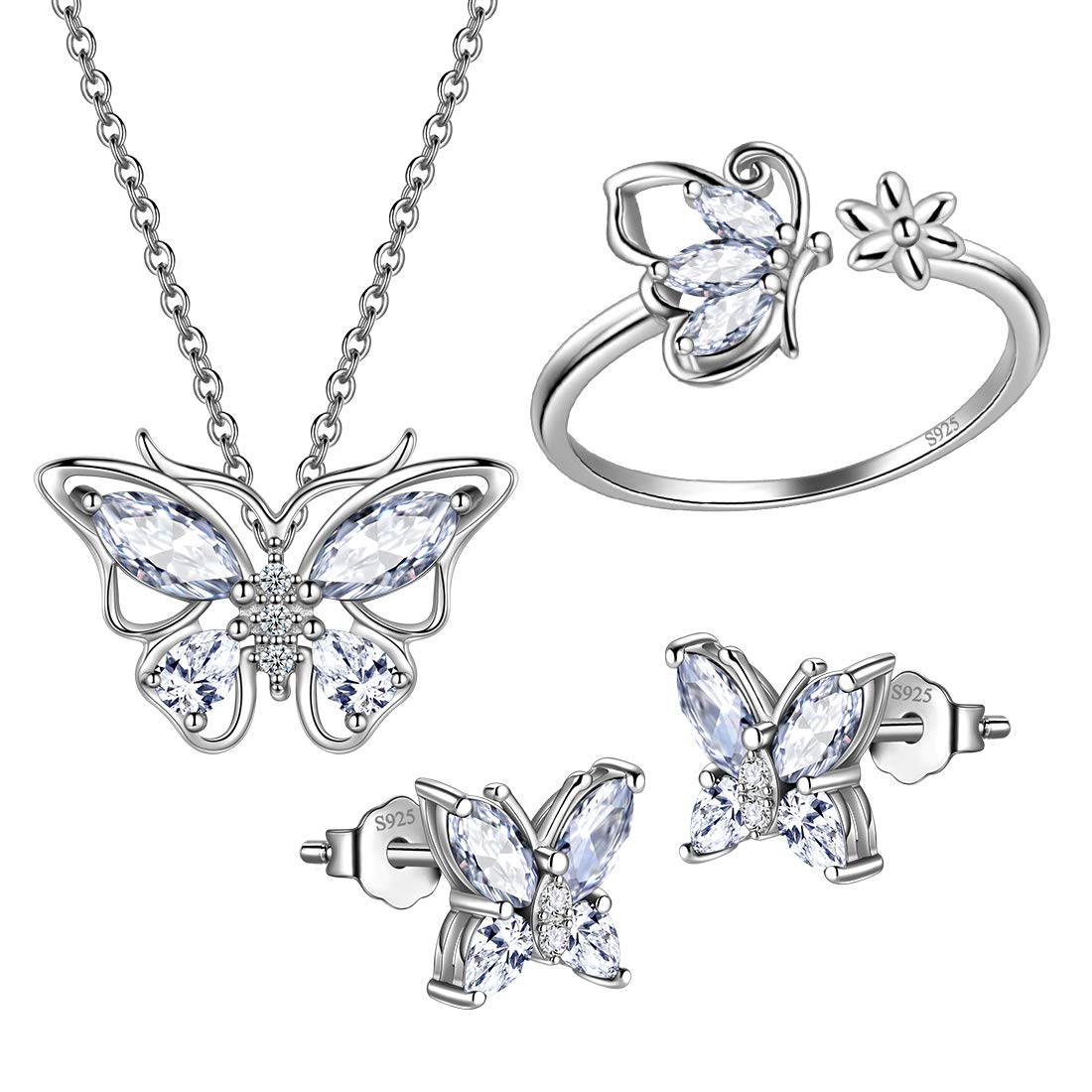 Hipunk Butterfly White Jewelry Sets Birthstone Women 925 Sterling Silver April-Diamond Birth Stone Animal Butterflies Jewelry Sets/Earring/Ring Set Crystal Birthday Jewelry SS0002W