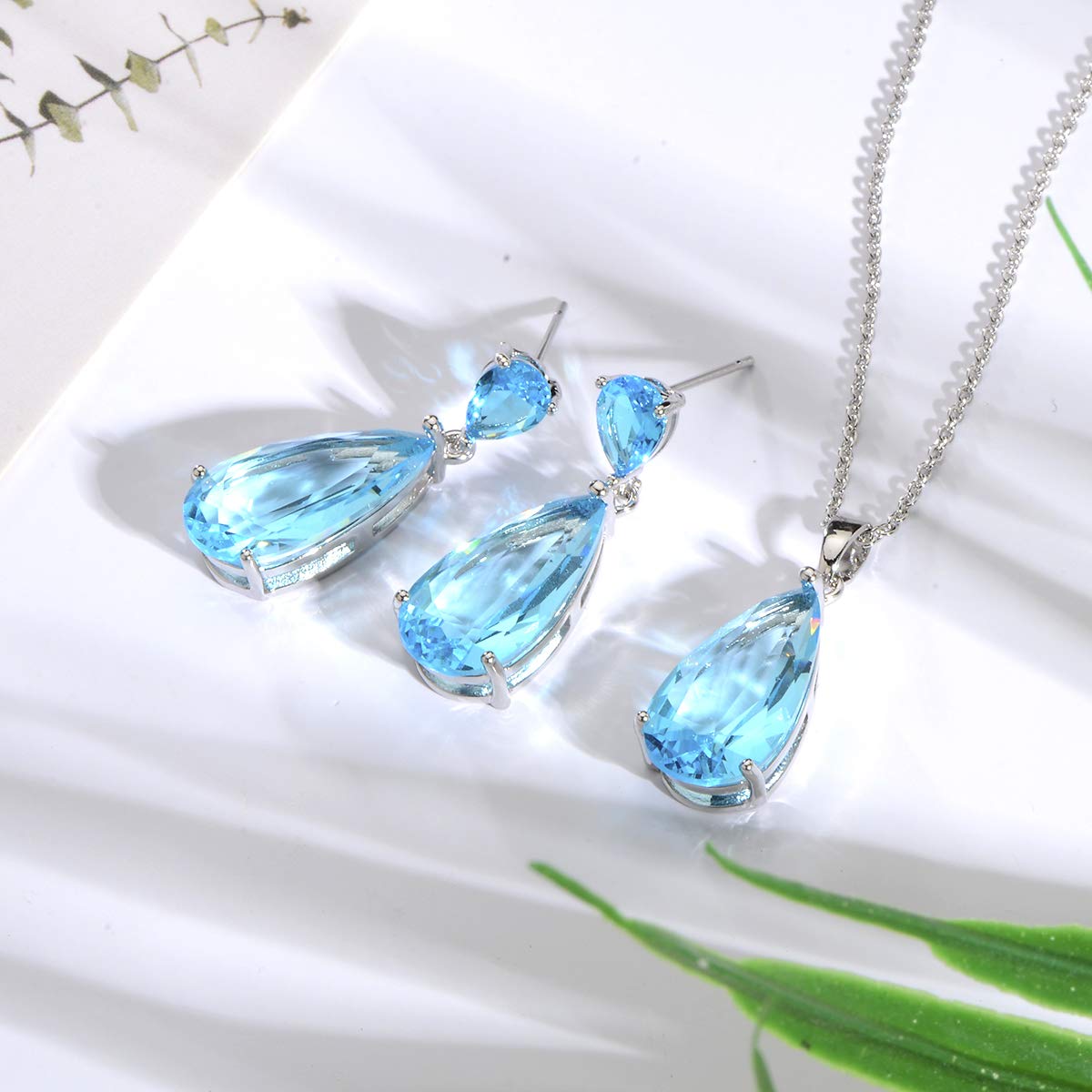 Mycitta Aquamarine Jewelry Set for Women - Sterling Silver Light Blue Teardrop Cubic Zirconia Crystal CZ Rhinestone Diamond Necklace Set for Wedding Bride Bridesmaid Mother of Bride Prom Party