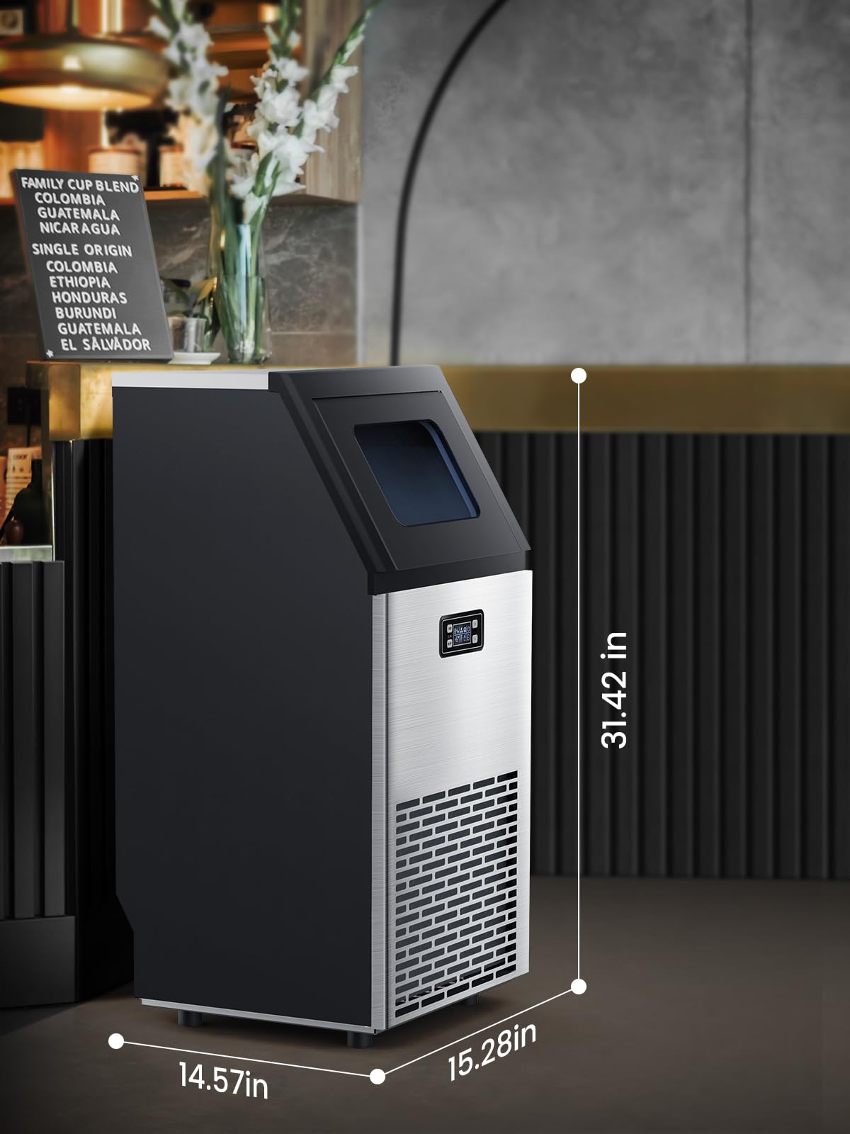 Commercial Ice Maker Machine, 100lbs/24H Stainless Steel Ice Machine with 33lbs Storage Capacity, Auto Self-Cleaning Freestanding Ice Maker, Ice Machine Freestanding for Bar/Cafe/Restaurant