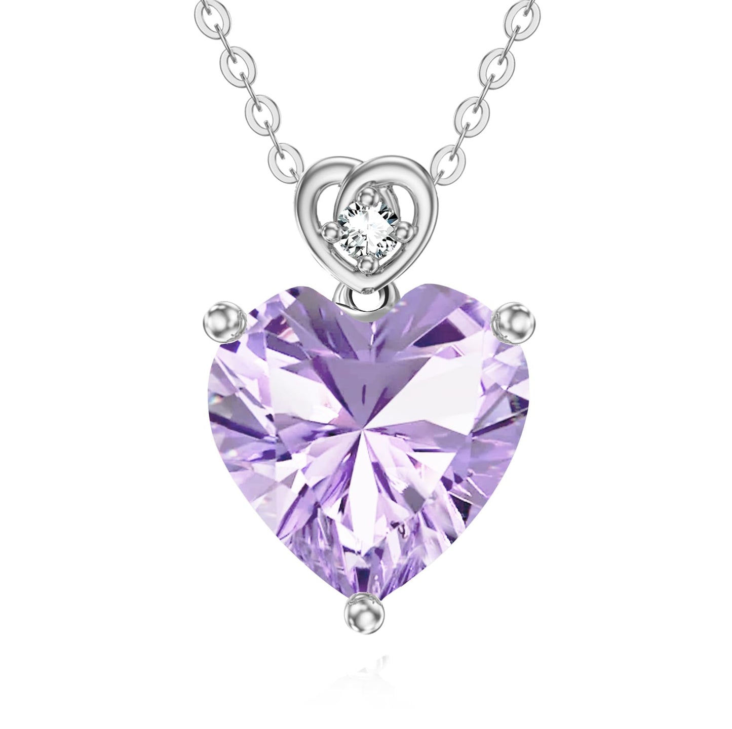 NFYBD 14k White Gold Love Heart Light Amethyst Birthstone Pendant Necklace for Women 3 Carat Heart-cut Created Gemstone Anniversary Birthday Mother's Day Necklaces for Her-june