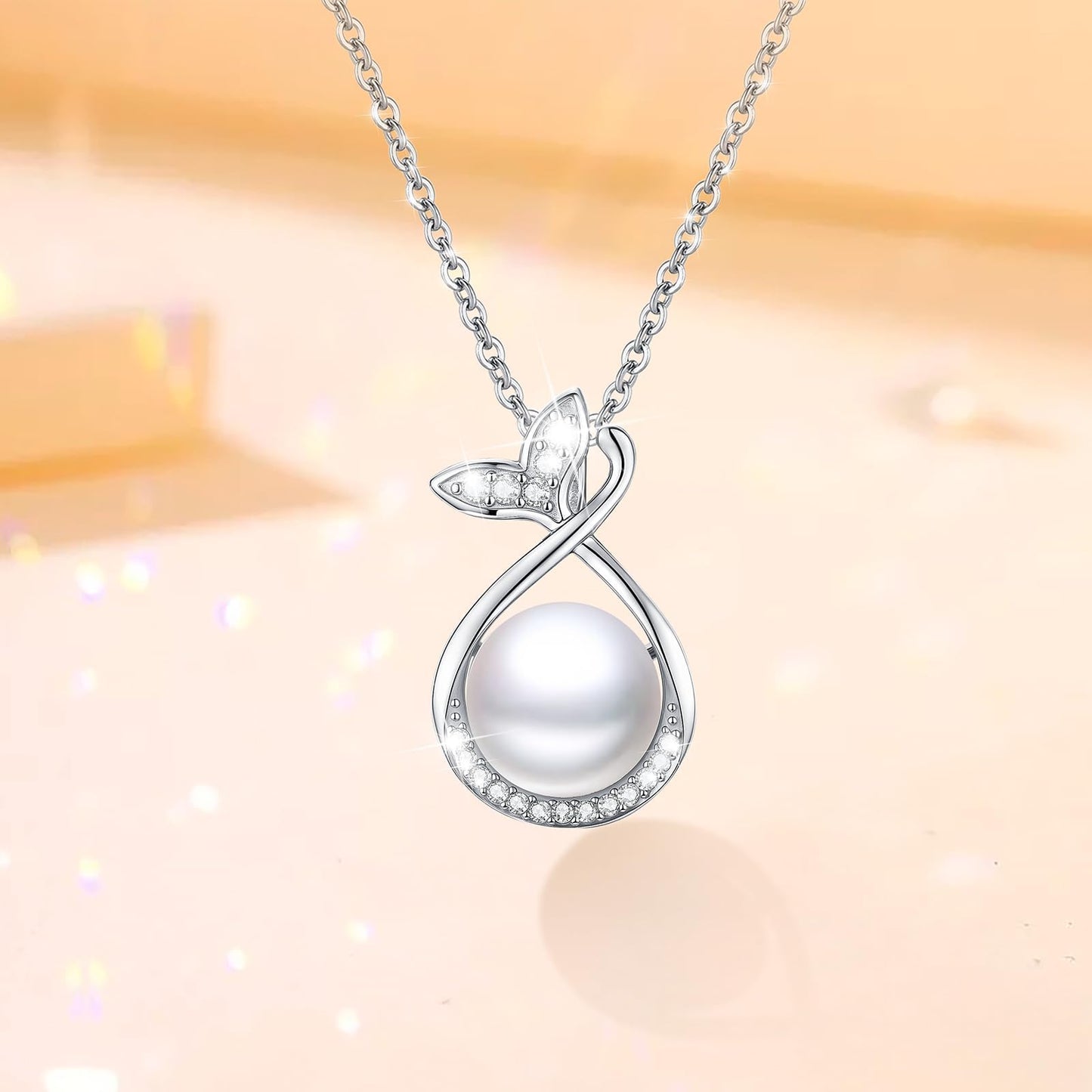 13 mm Fishtail Pearl Necklace 925 Sterling Silver Jewelry 5A Cubic Zirconia Pendant Necklace Gifts for Mom Women Girlfriend Grandma Lover Her Wedding Birthday Anniversary Engagement Valentine's Day