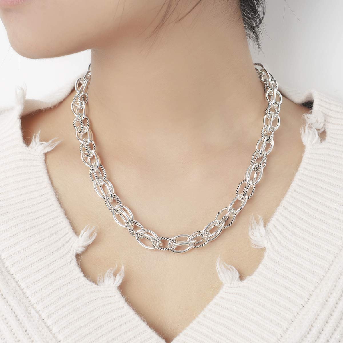 UNY JEWEL Style Trendy Elegant Vintage Retro Unique David Fashion style 2 Tone Double Twist Wire Double Link Women Short Necklace (Silver Tone)