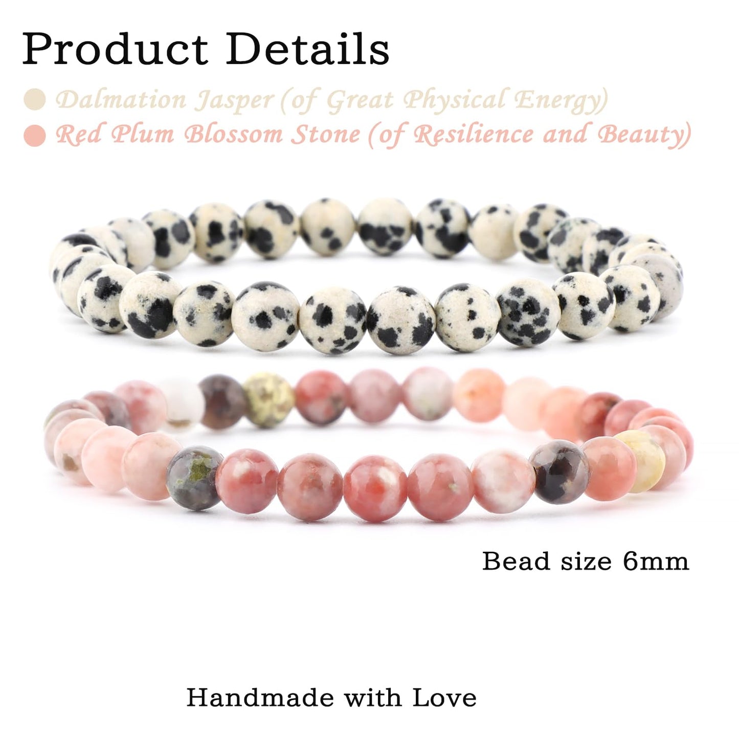 NCB 2-Piece 6mm Natural Crystal Gemstone Stretch Bracelets – ﻿Dalmation Jasper, Red Plum Blossom Stone Handmade Reiki Energy Healing Jewelry for Meditation,Yoga, Unisex