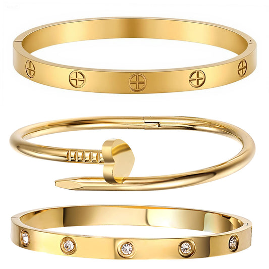18K Gold Plated Stainless Steel Love Nail Bangle Clover Bracelet Set Stackable Dupes for Love Trendy Jewelry (gold)