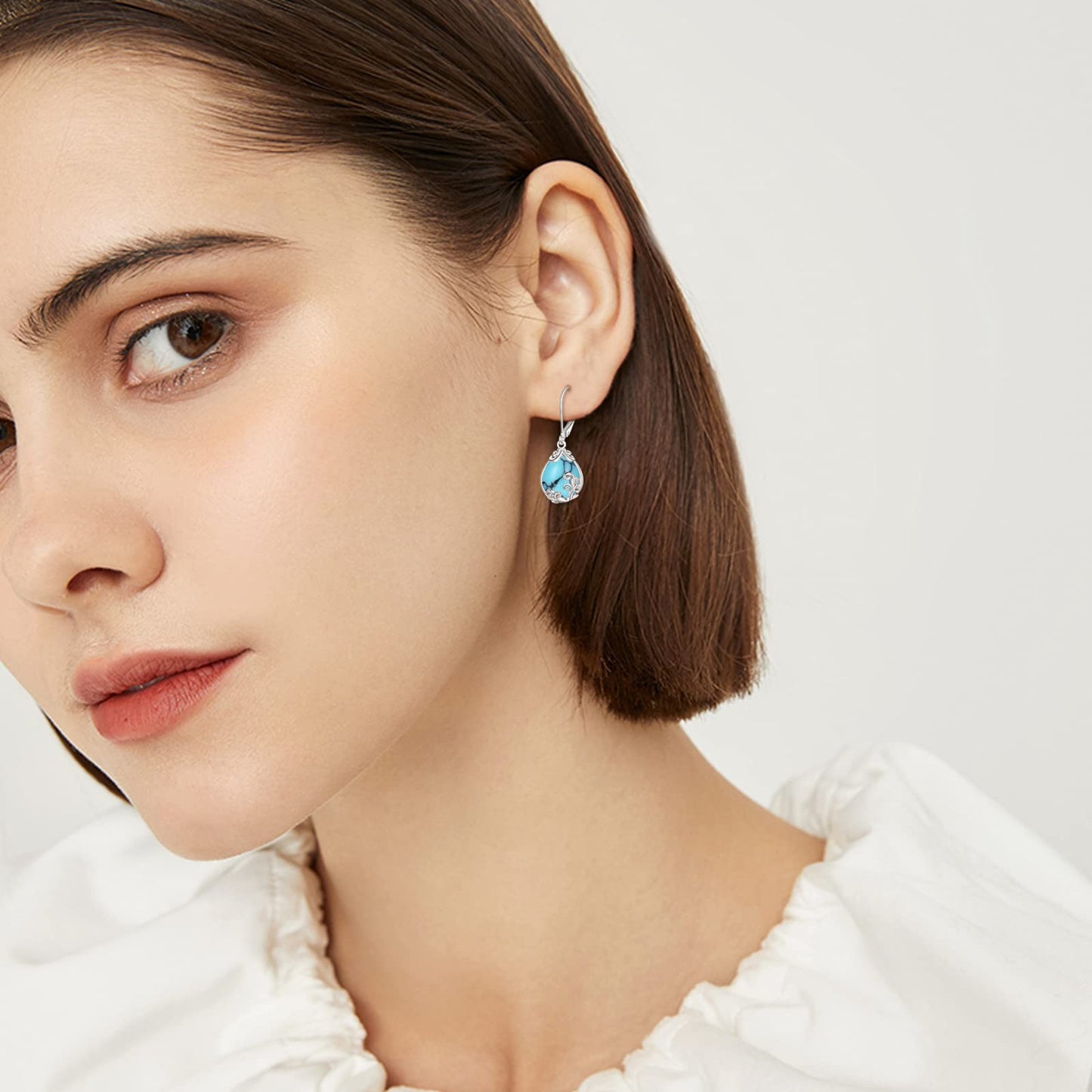 POPLYKE Turquoise Filigree Teardrop Drop Dangle Earrings Sterling Silver Leverback Earrings Jewelry