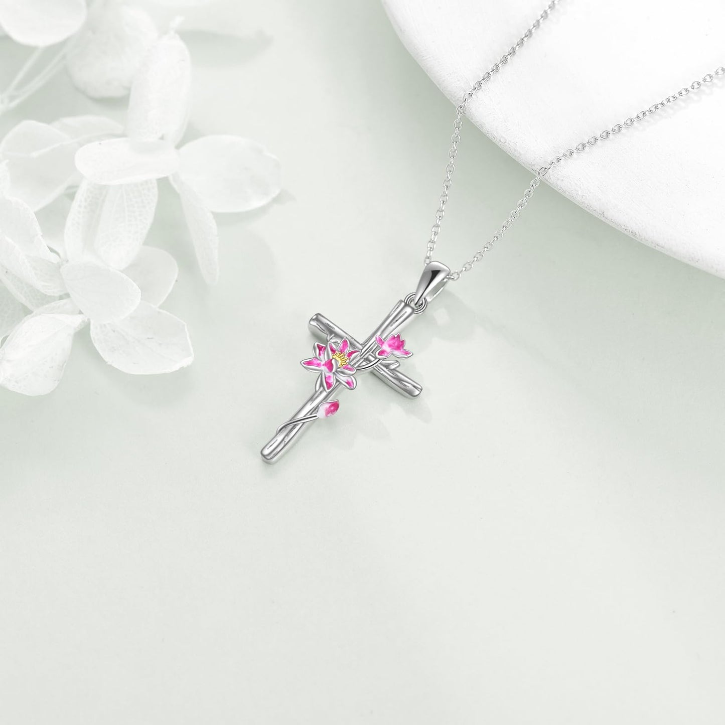 Women Cross Necklace Sterling Silver Lotus Flower Cross Pendant Necklace Jewelry Gifts July Birth Flower Necklace
