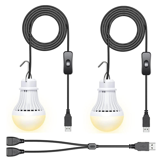 2 Pack USB LED Camping Lantern, 8.2 ft Extra Length Cord Tent Light with USB Y-Cable, Portable LED Bulb for Garage, Warehouse, Car, Truck, Fishing Boat, Room, Emergency Light, Warm