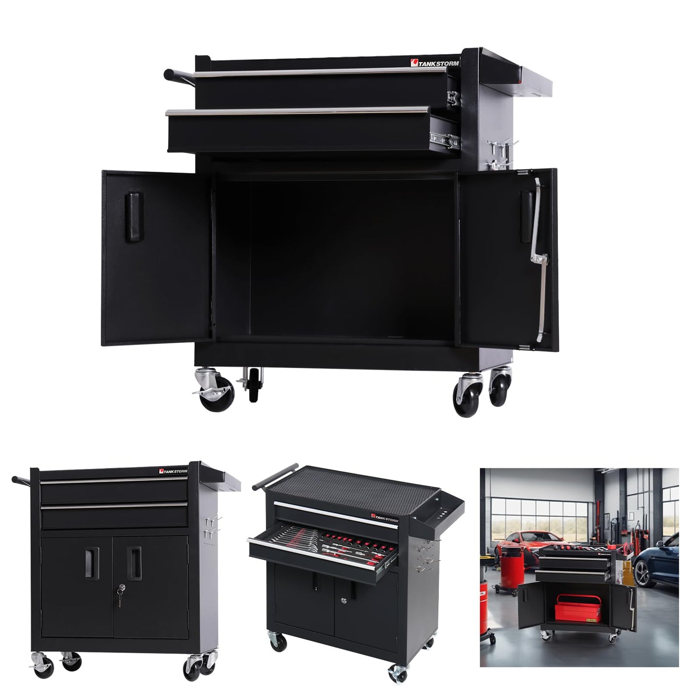 TANKSTORM Tool Chest Heavy Duty Cart Steel Rolling Tool Box with Lockable Doors (TZ12 Black)