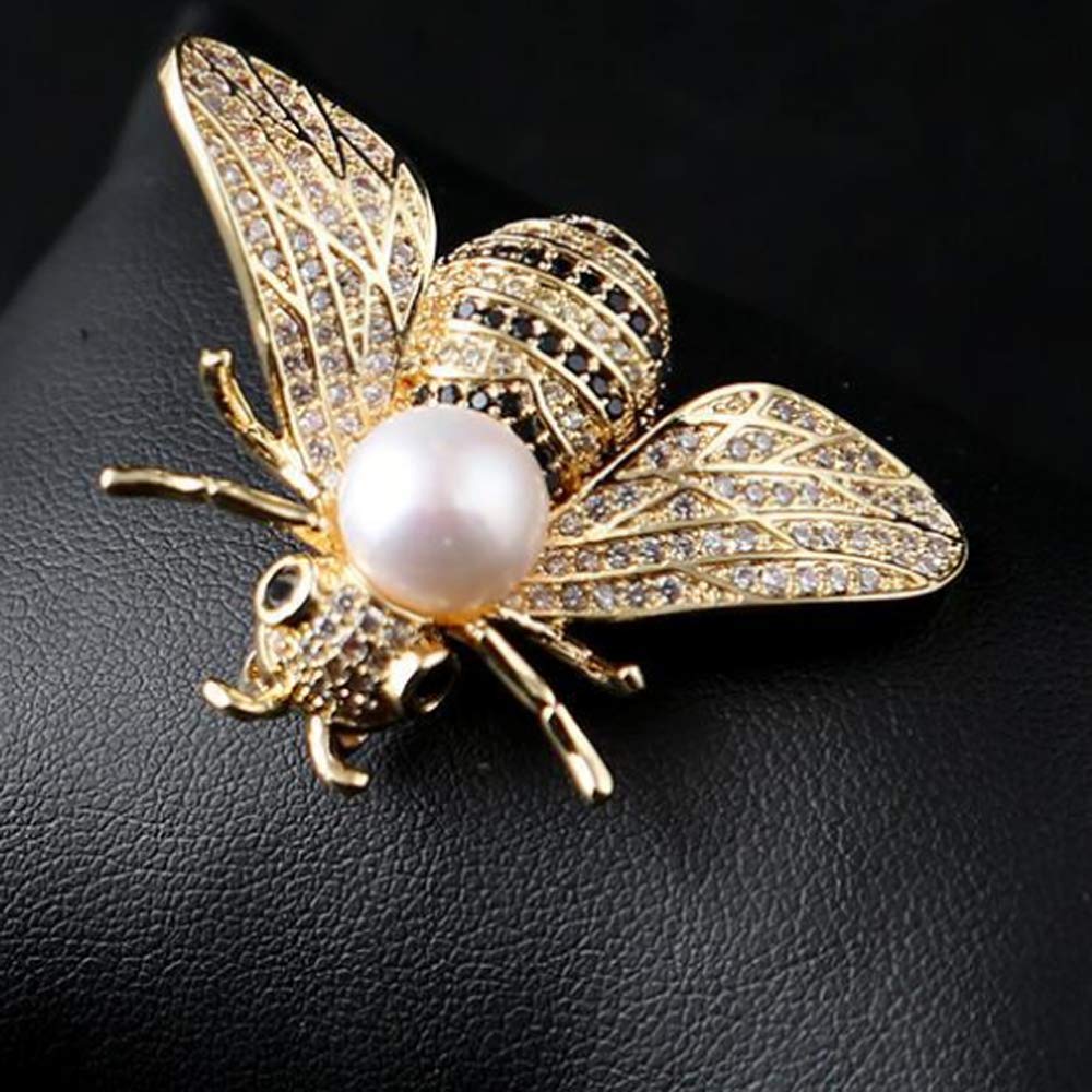 Honey Bee Brooches Crystal Insect Themed Bee Brooch Animal Fashion Shell Pearl Brooch Pin 14K Gold Plated (white pearl)