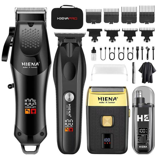 HIENA PRO Professional Hair Clipper Set for Men, Cordless Barber Clippers Set and Trimmer Kit, Foil Shaver & Men's Facial Grooming Tool, USB Rechargeable Electric Beard Trimmer & Nose Hair Trimmer Kit