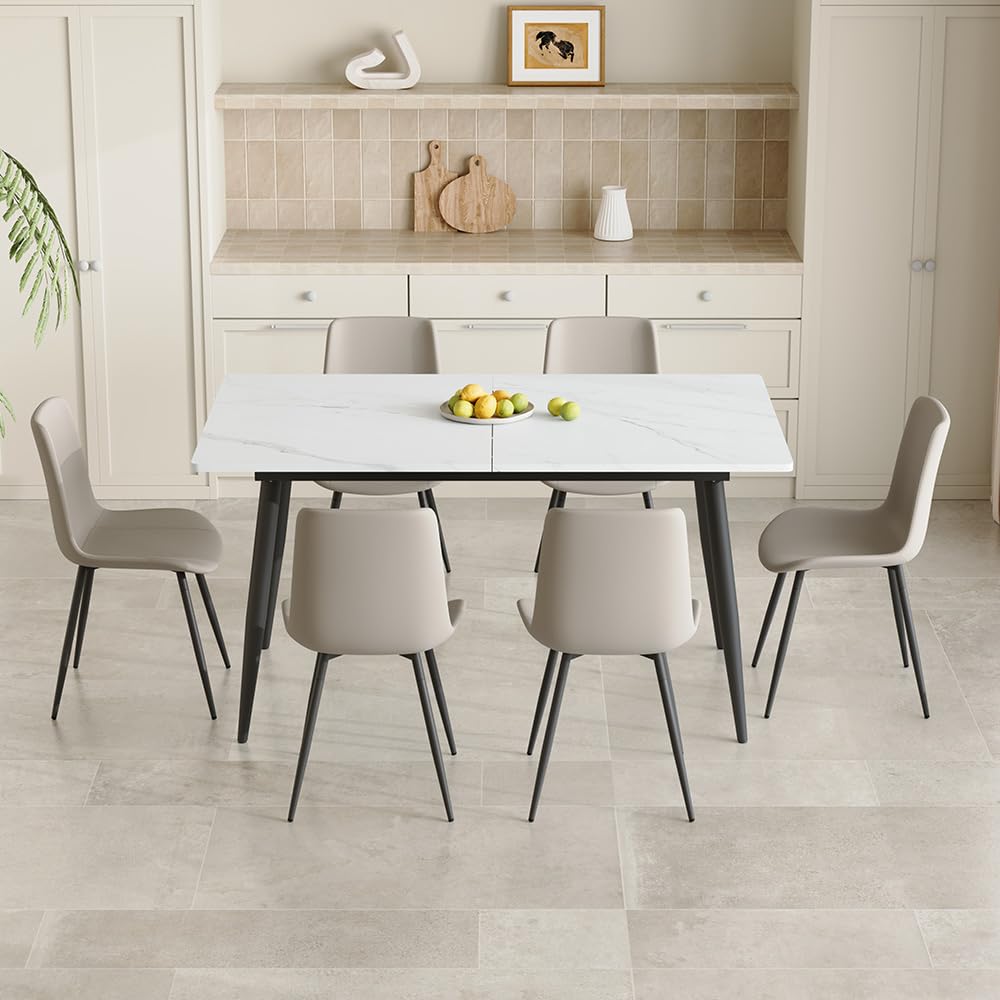 FURNITO 7 Piece Dining Table Set, 59"-75" Extendable Dining Room Table Set with 6 Upholstered Chairs, White Kitchen Table Chairs Set for Living Room, Apartment, Easy to Assemble