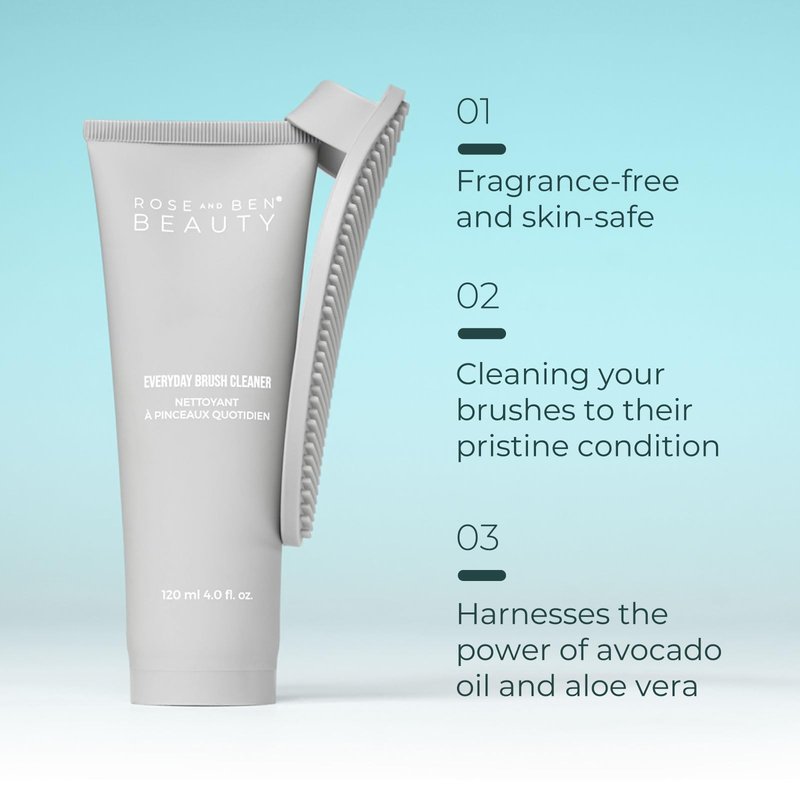 Rose and Ben Beauty Everyday Brush Cleaner | Fragrance-Free Gel Formula | Gentle and Nourishing with Avocado Oil & Aloe Vera | Professional Makeup Brush Cleanser | Vegan, Cruelty-Free