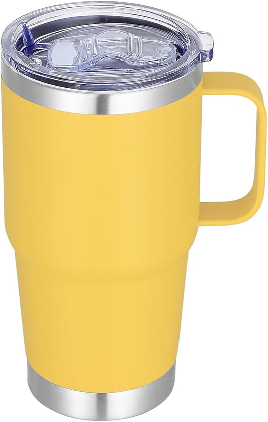 20 oz Stainless Steel Tumbler with Handle Metal Insulated Coffee Travel Mug with Handle Double Wall Tumbler Cup with Lid and Straw, Yellow 1 Pack