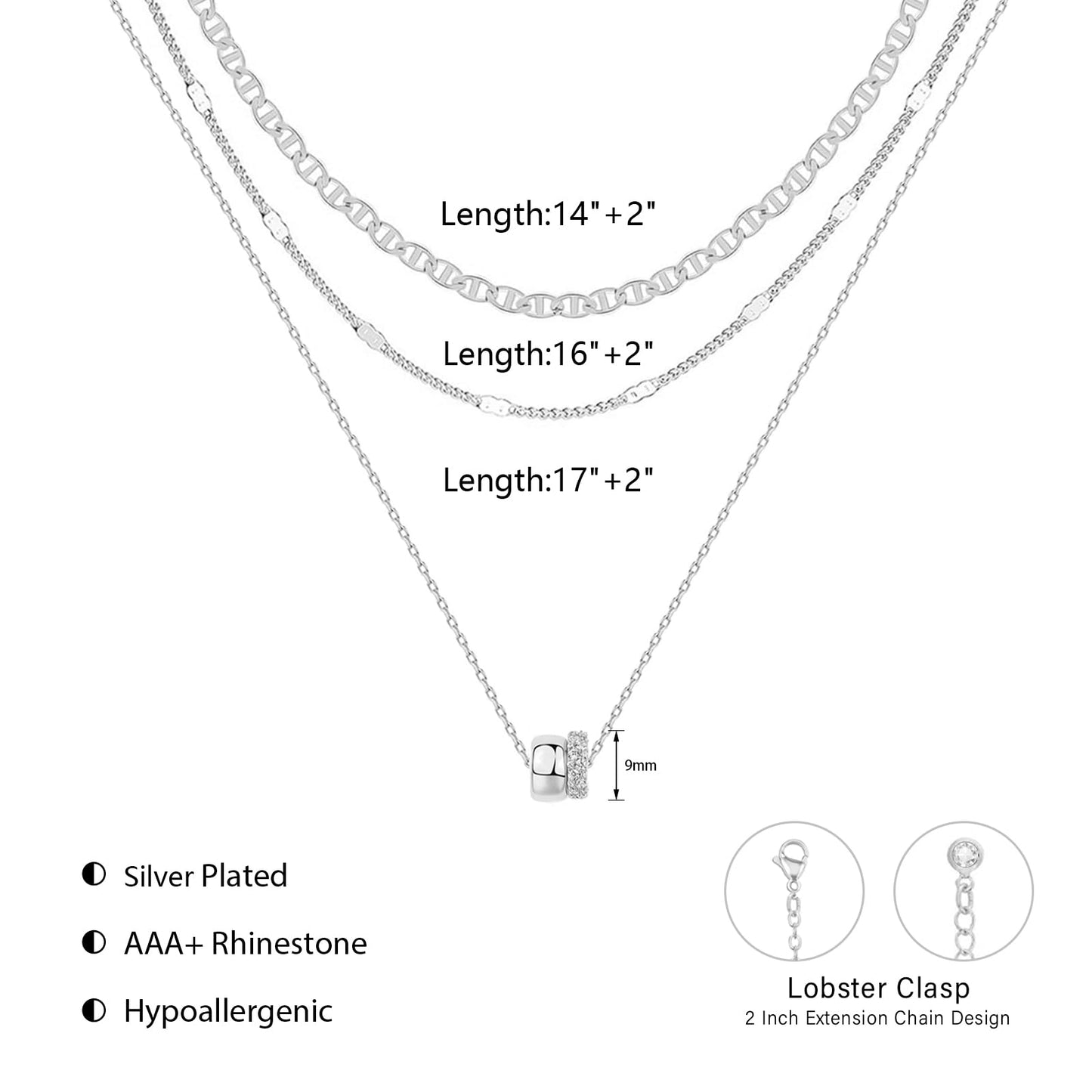 OGD Layered Necklaces for Women Silver Plated Trendy Mariner Chain Dainty Circle Rondelle Pendant Choker Necklace for Women Two-Toned Cubic Zirconia Silver Necklace Stack Hypoallergenic