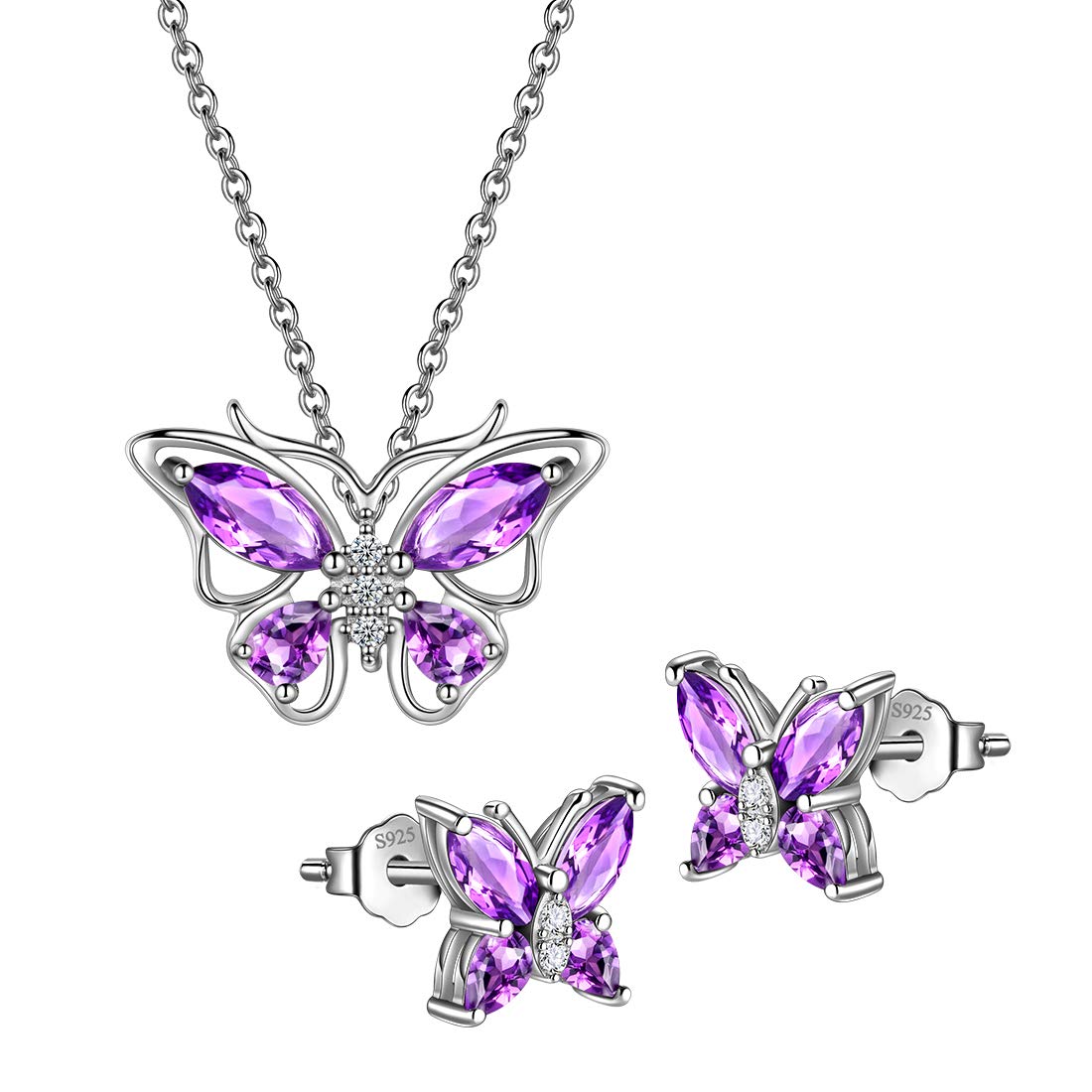 Hipunk Butterfly Purple Jewelry Sets Birthstone Women 925 Sterling Silver Februsry-Amethyst Birth Stone Animal Butterflies Jewelry Sets/Earring Set Crystal Birthday Jewelry SS0001F