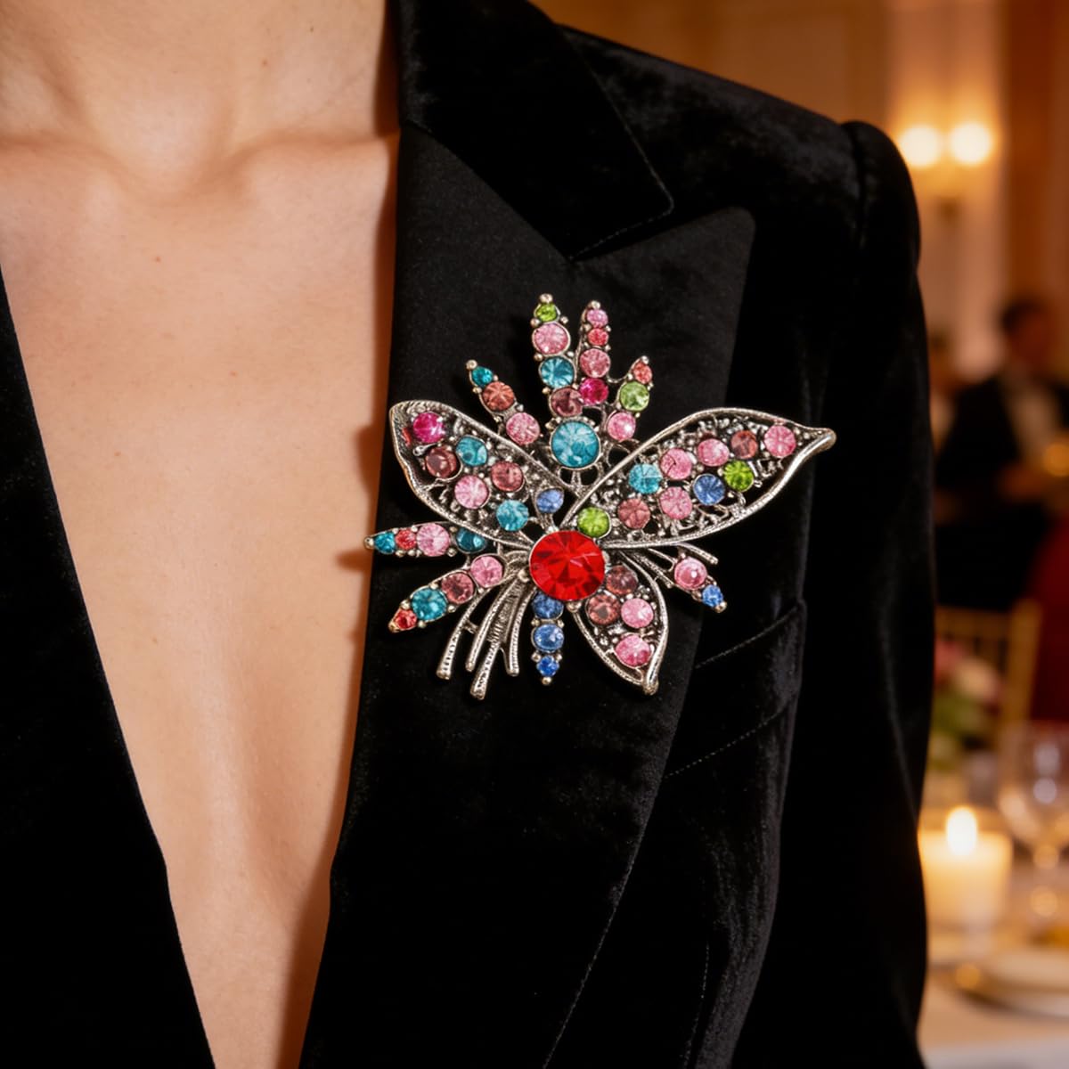 Rhinestone Sunflower Brooch Pin for Women Red Black Purple Large Flower Broochs Snowflake Brooch Marquise Wreath Brooches Jewelry (Color brooch E)