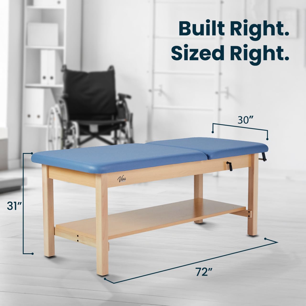 Vivacomfort Aristo H-Brace Tilted Treatment Table with Shelf and Cabinet, 500 lbs Weight Capacity, Blue