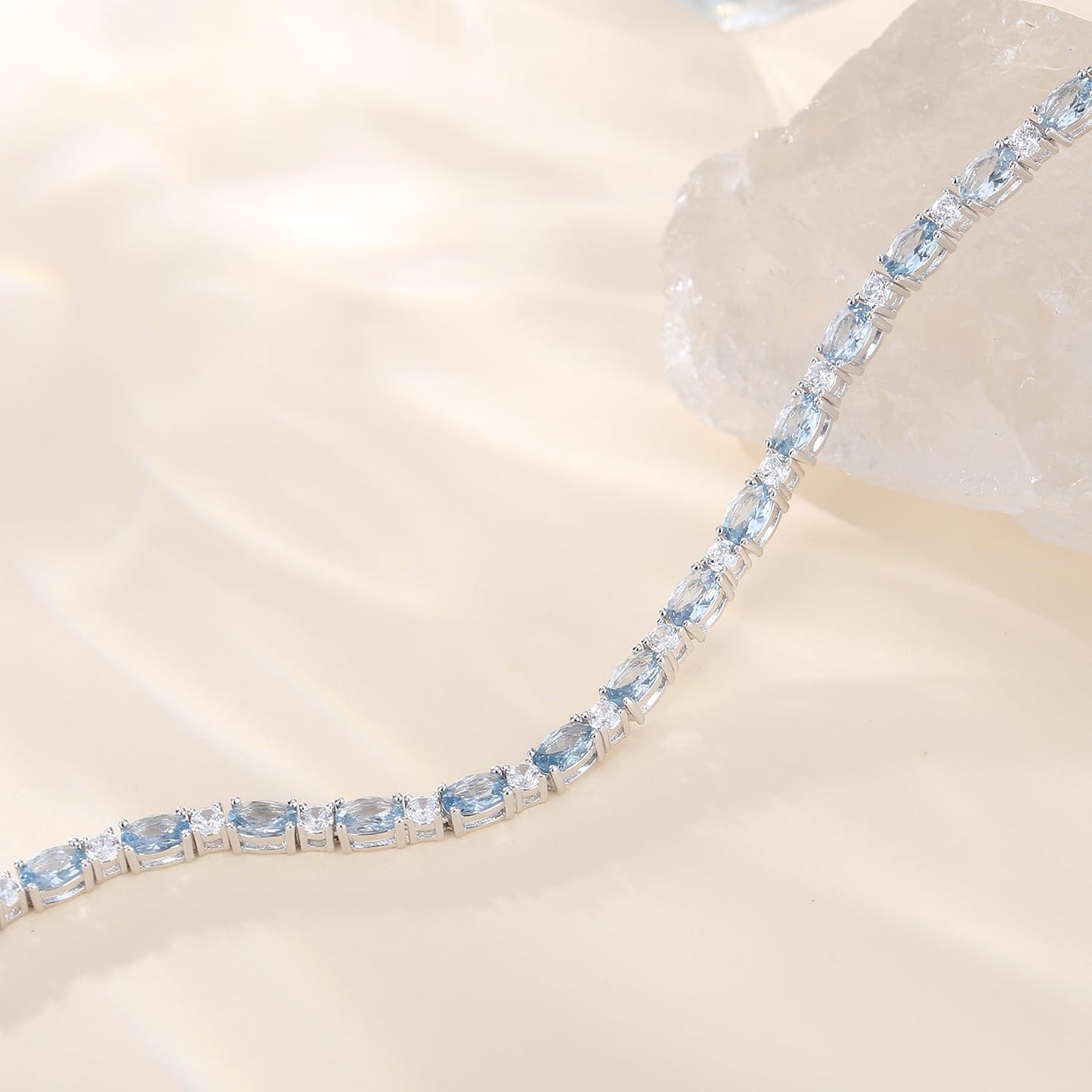 FANCIME Sterling Silver Created Aquamarine Tennis Bracelet March Birthstone Bracelet Oval CZ Dainty Charm Fine Jewelry for Women 7"